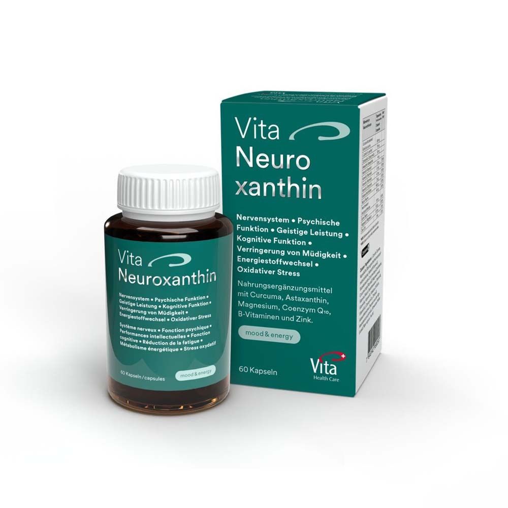 Flacon brun et boîte Vita Neuroxanthin®. Texte: Système nerveux, fonction psychique, fonction cognitive, etc. 60 gélules.