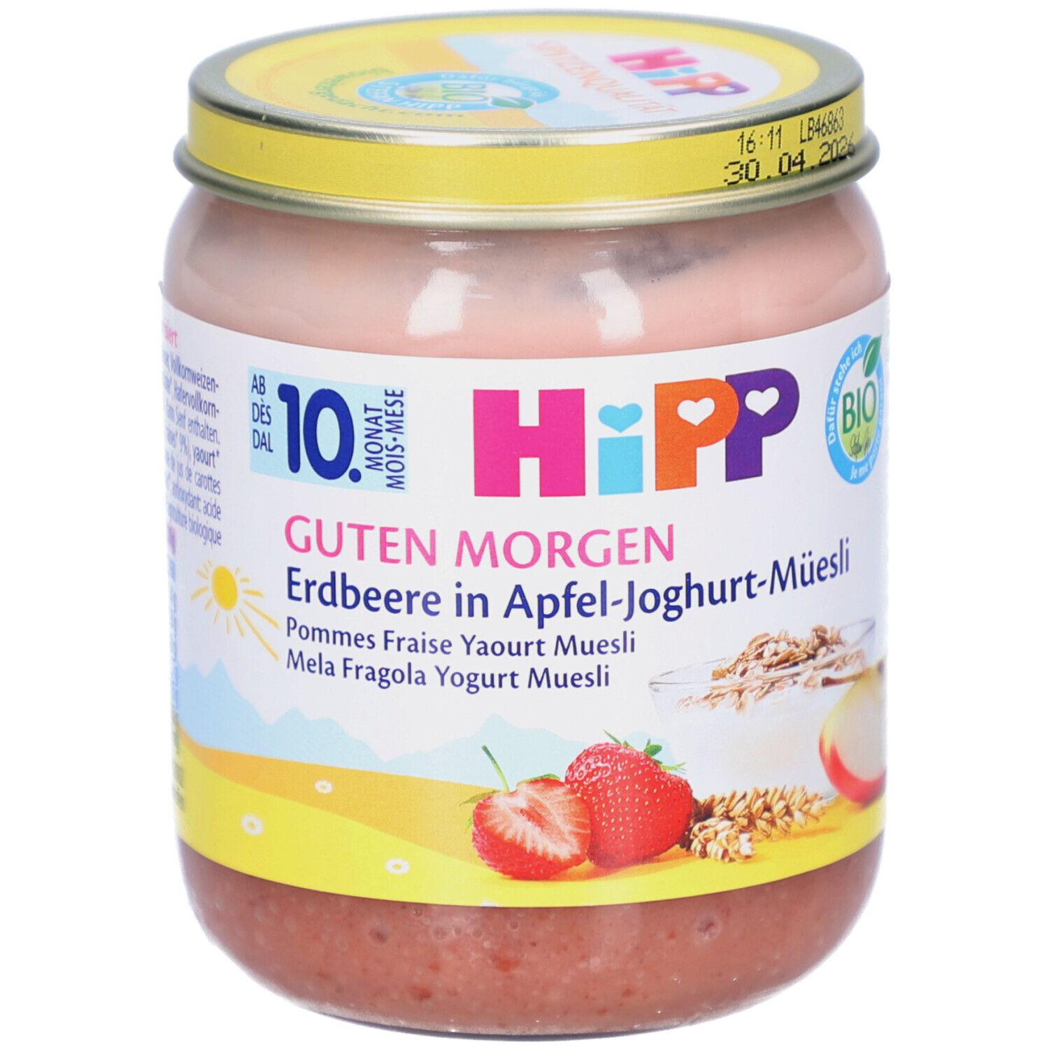 Pot de HIPP Guten Morgen Erdbeere Joghurt-Müesli. Inscription: 10 mois, label bio. Fraises et pomme illustrées.