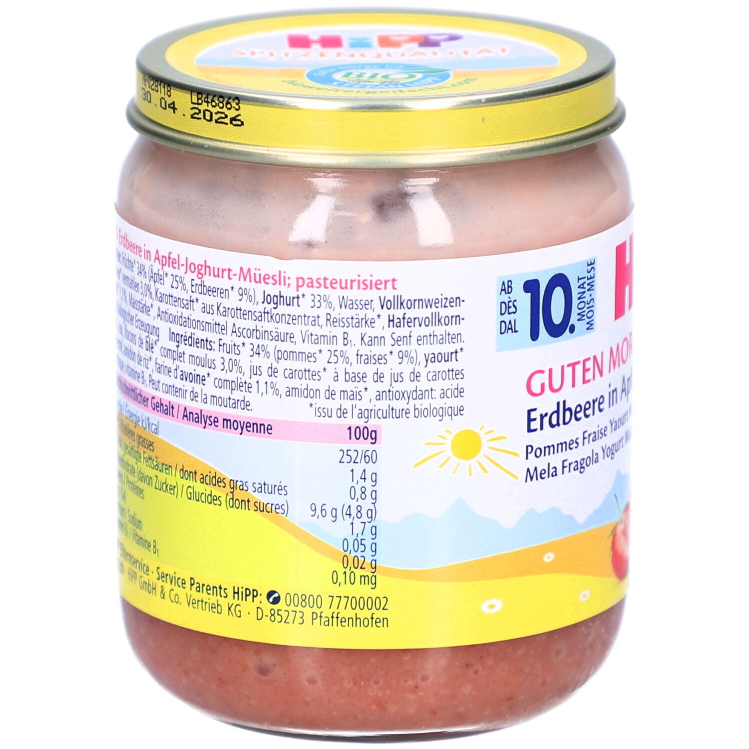 Dos du pot de HIPP Guten Morgen Erdbeere Joghurt-Müesli. Liste des ingrédients et informations nutritionnelles.
