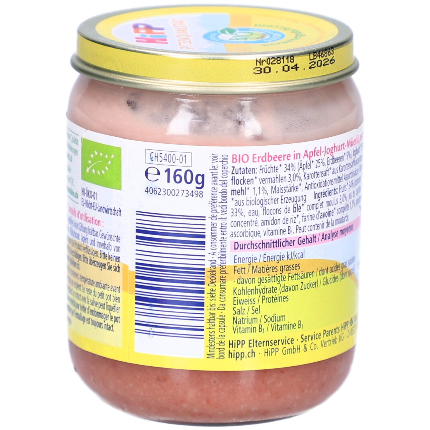 Dos du pot de HIPP Guten Morgen Erdbeere Joghurt-Müesli. Label bio et informations nutritionnelles.