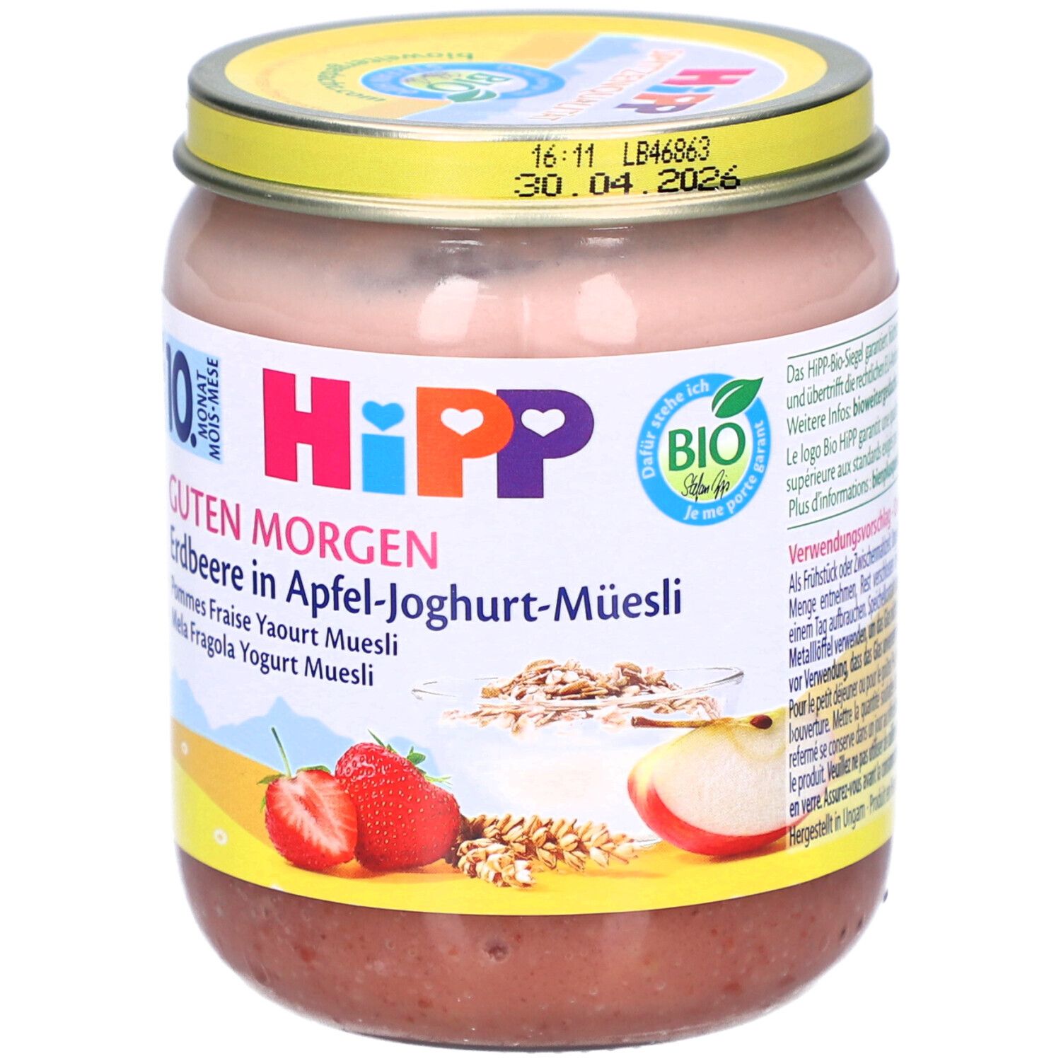 Pot de HIPP Guten Morgen Erdbeere Joghurt-Müesli. Inscription: 10 mois, label bio. Fraises et pomme illustrées.