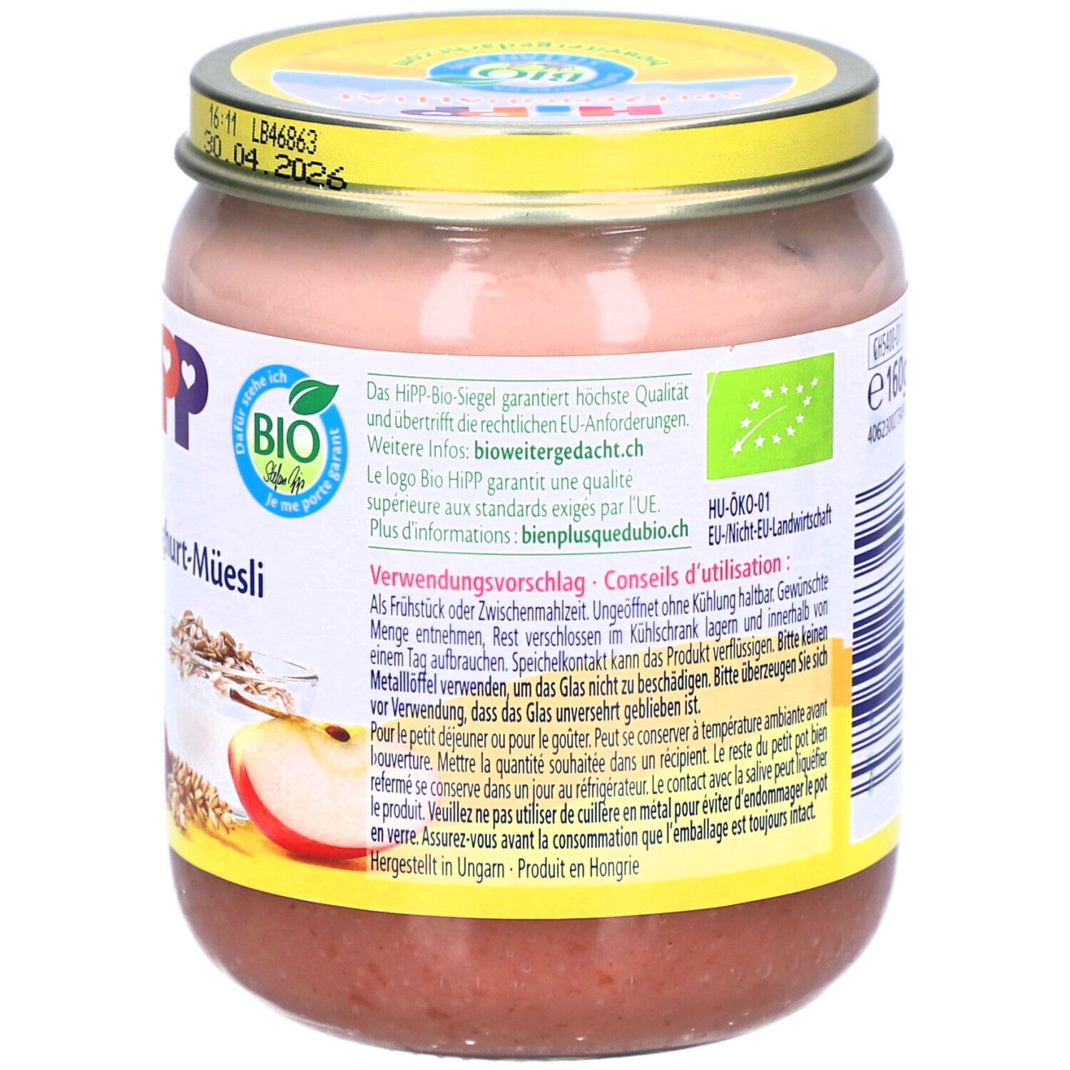 Dos du pot de HIPP Guten Morgen Erdbeere Joghurt-Müesli. Label bio, conseils d'utilisation et de conservation.