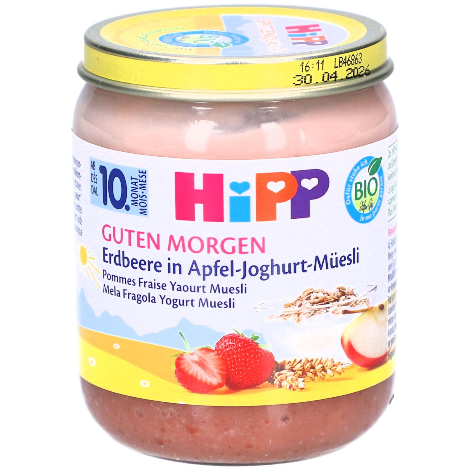 Pot de HIPP Guten Morgen Erdbeere Joghurt-Müesli. Inscription: 10 mois, label bio. Fraises et pomme illustrées.