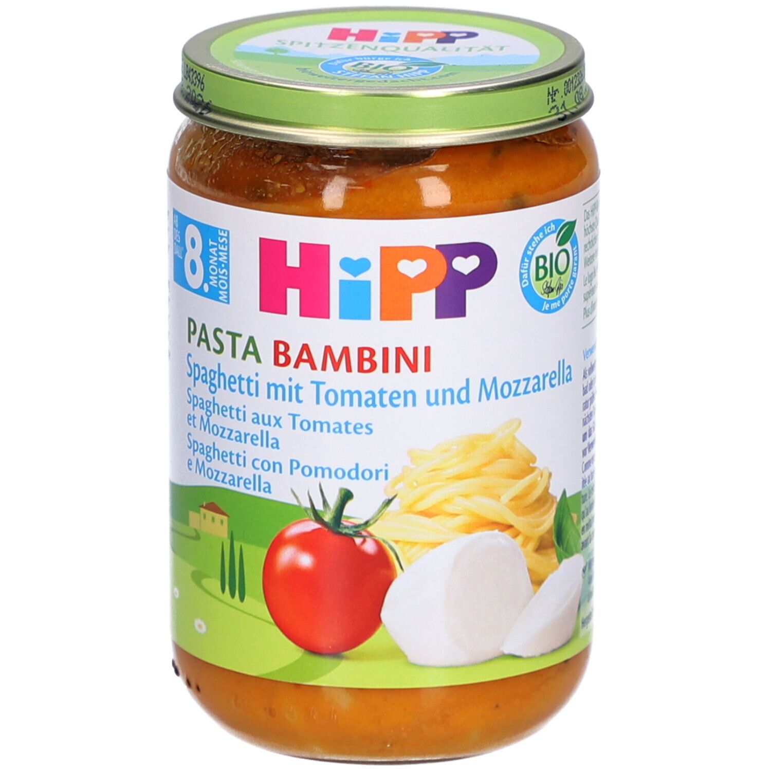 Bocal de HiPP Pasta Bambini Spaghetti aux Tomates et Mozzarella. Label bio. Dès 8 mois.