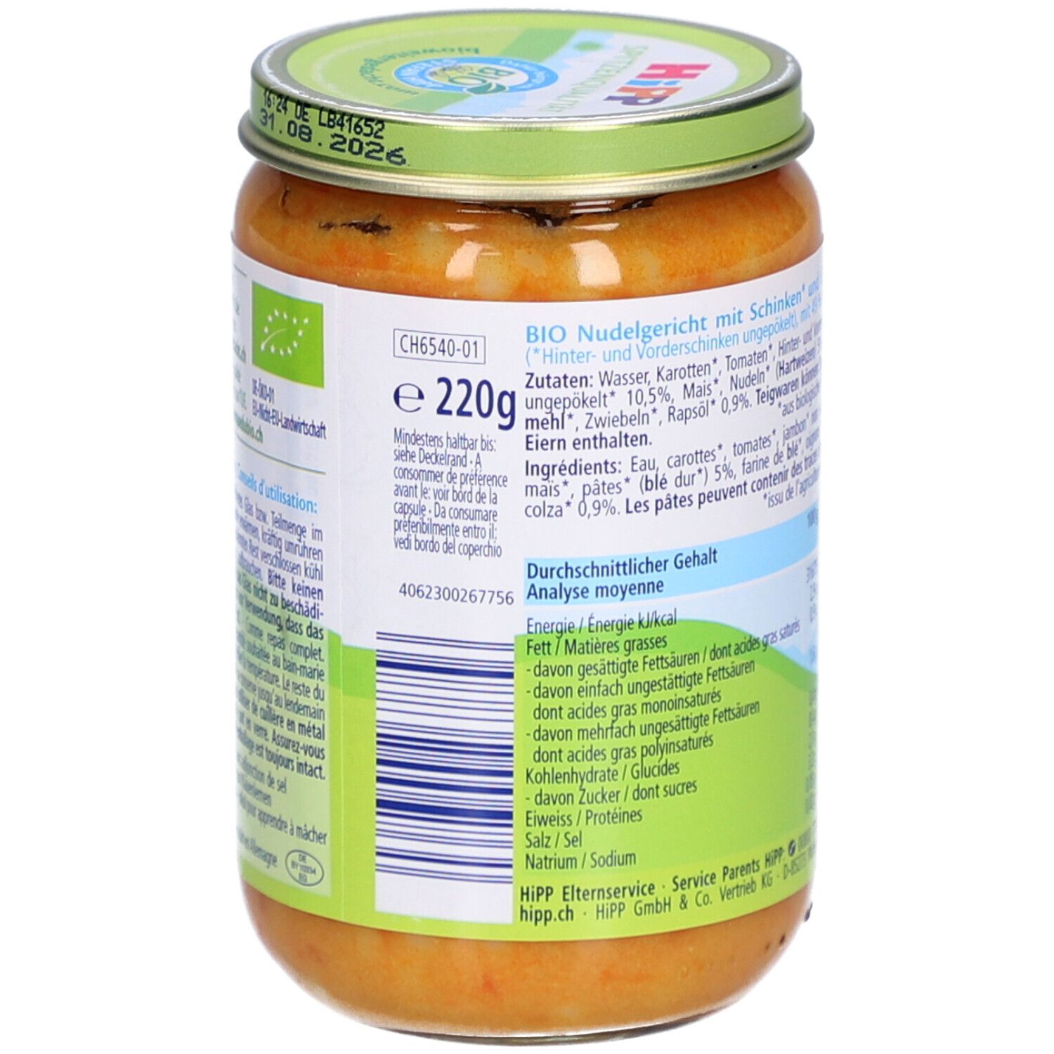 Dos du pot de HiPP Bio-Schinkennudeln mit Gemüse. Liste des ingrédients et informations nutritionnelles.