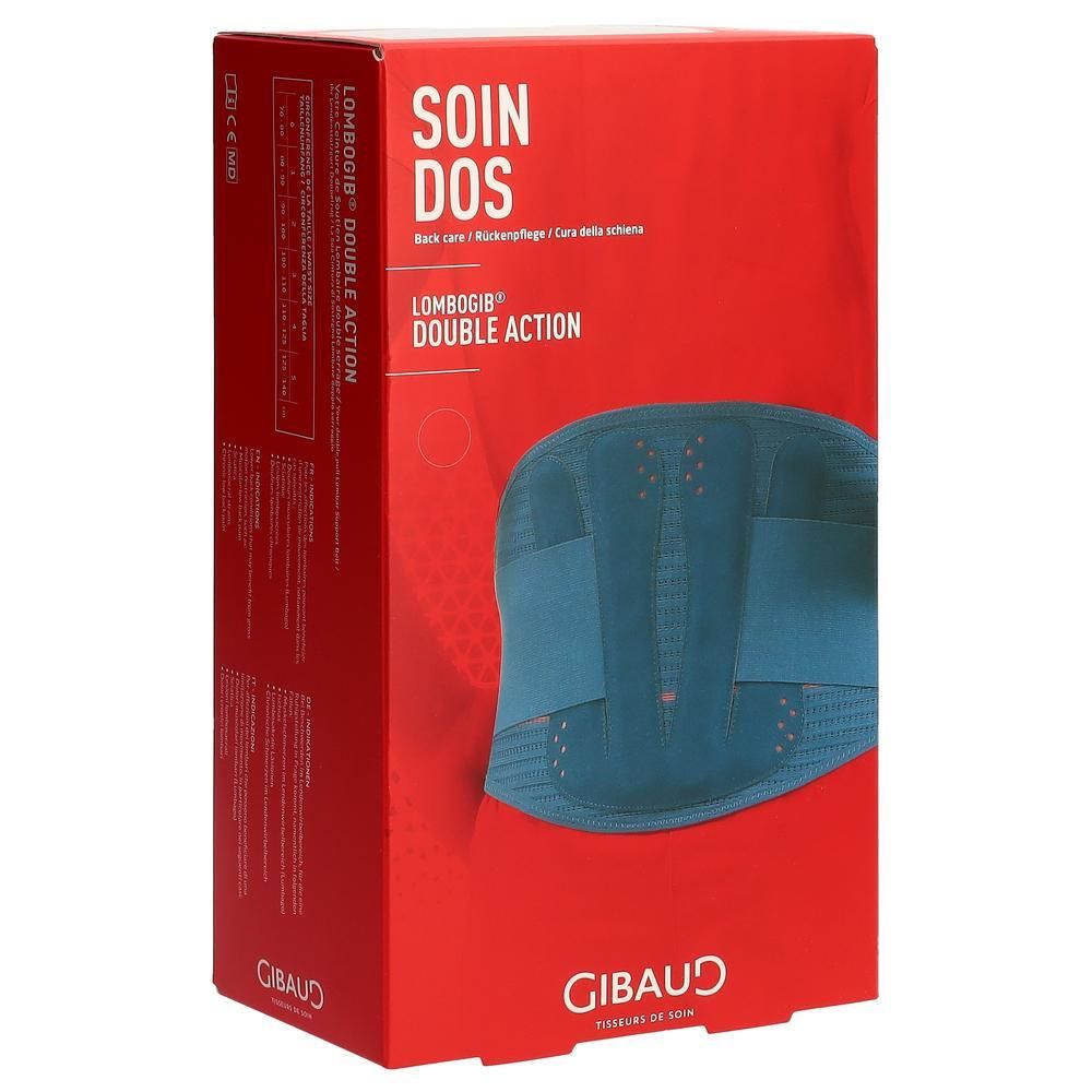 Emballage produit. Inscription: SOIN DOS, LOMBOGIB DOUBLE ACTION. Marque: GIBAUD. Un corset lombaire bleu est visible.