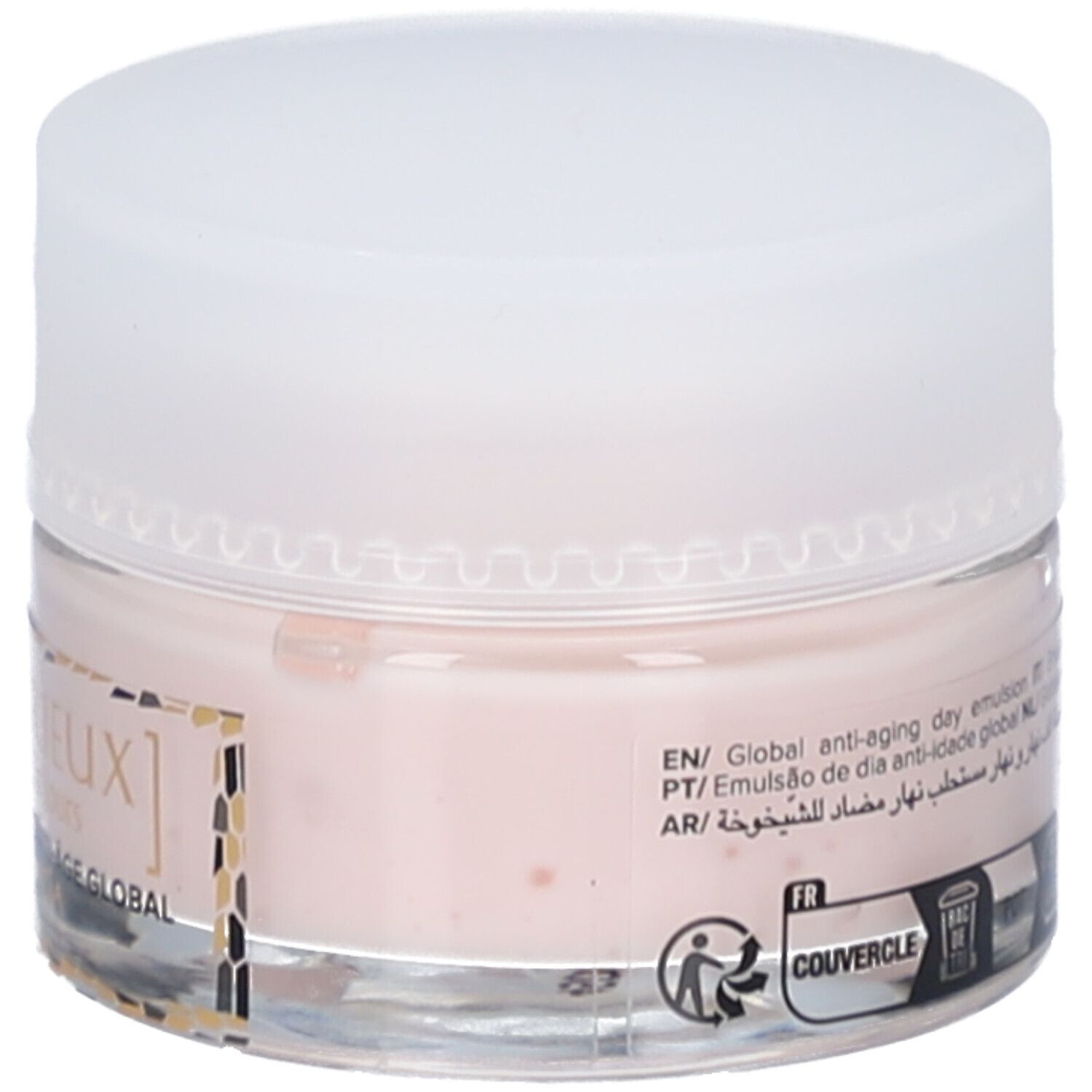 Pot rond avec crème rose et couvercle blanc. Inscription: Global anti-aging day emulsion. Symbole de recyclage.