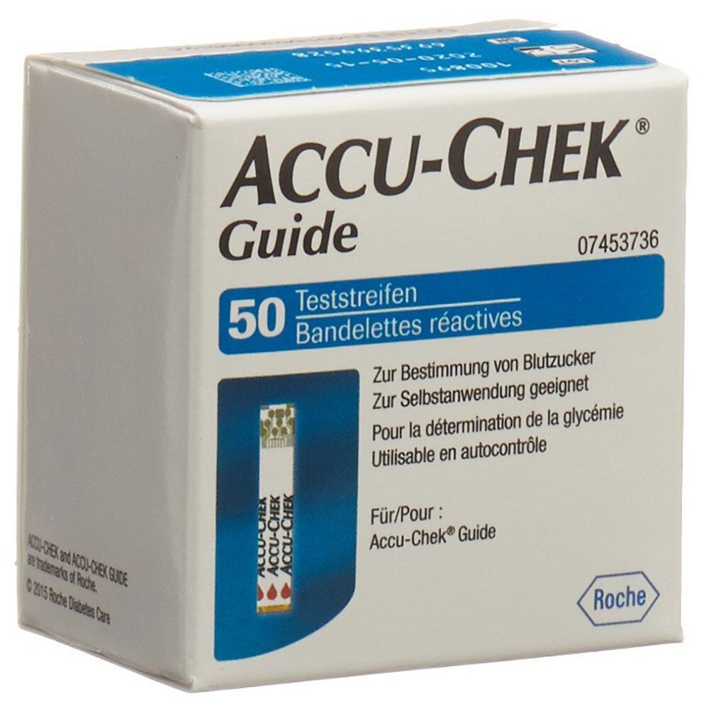 Boîte de bandelettes réactives ACCU-CHEK Guide. 50 bandelettes. Emballage bleu et blanc avec nom et logo du produit.