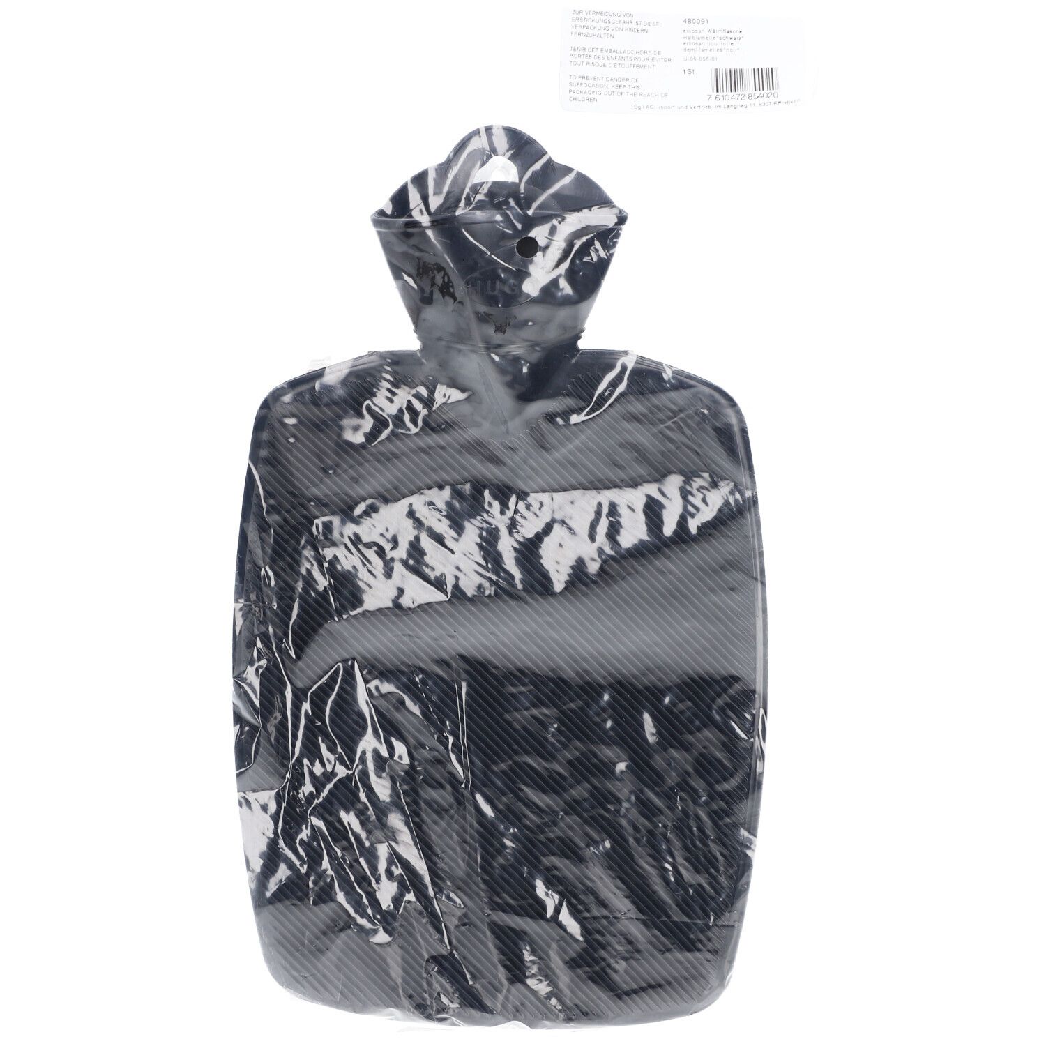 Bouillotte noire, emballée dans un plastique transparent. Forme rectangulaire aux coins arrondis, avec un col.