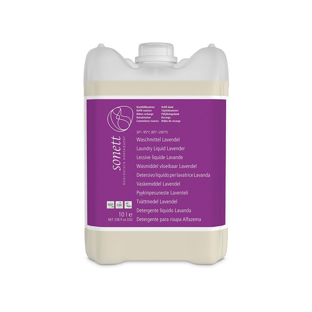 Bidon de lessive liquide Lavande. Étiquette violette avec informations et logo. 10 litres.