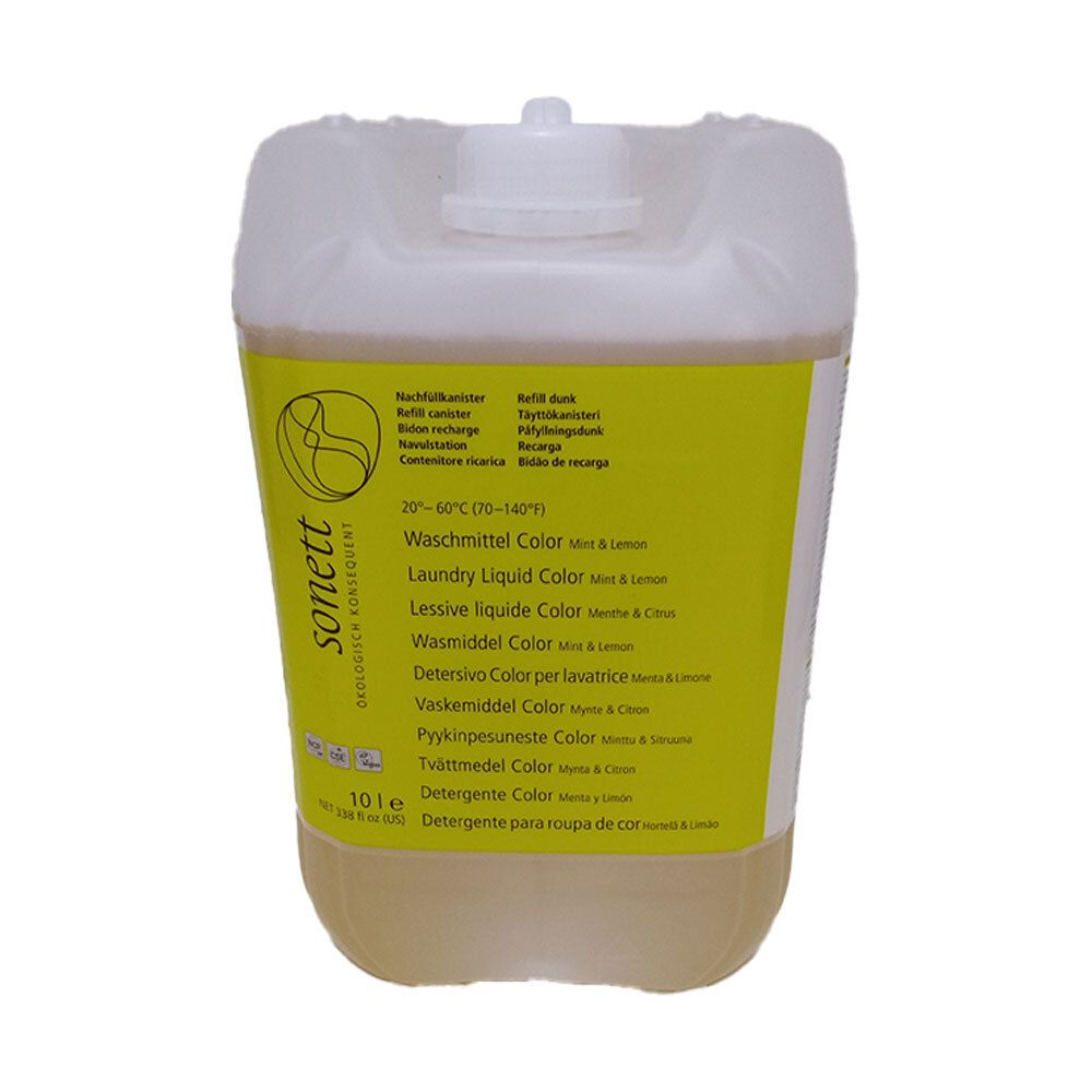 Bidon de lessive. Liquide jaune, bouchon blanc. Étiquette avec informations produit et logo Sonett.