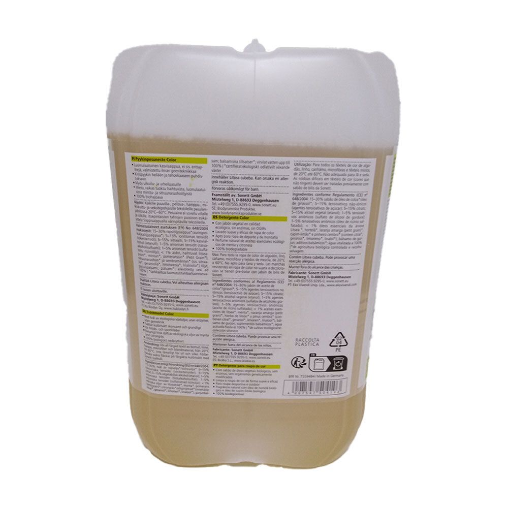 Vue arrière du bidon de lessive. Étiquette avec texte multilingue. Symbole de recyclage.