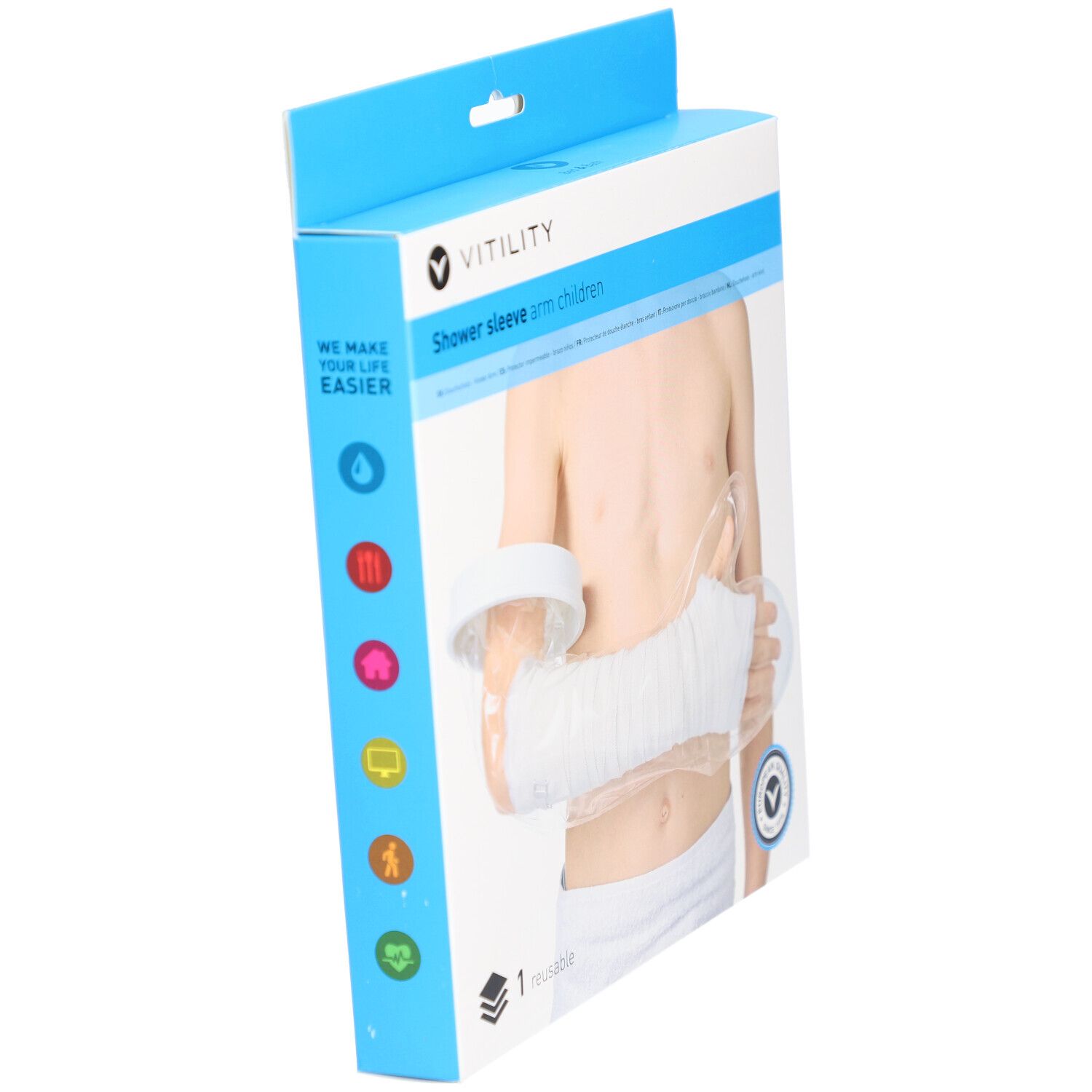 Emballage VITILITY Duschschutz Arm Kind. Le protège-bras est sur le bras d'un enfant. L'emballage indique "Shower sleeve arm children".