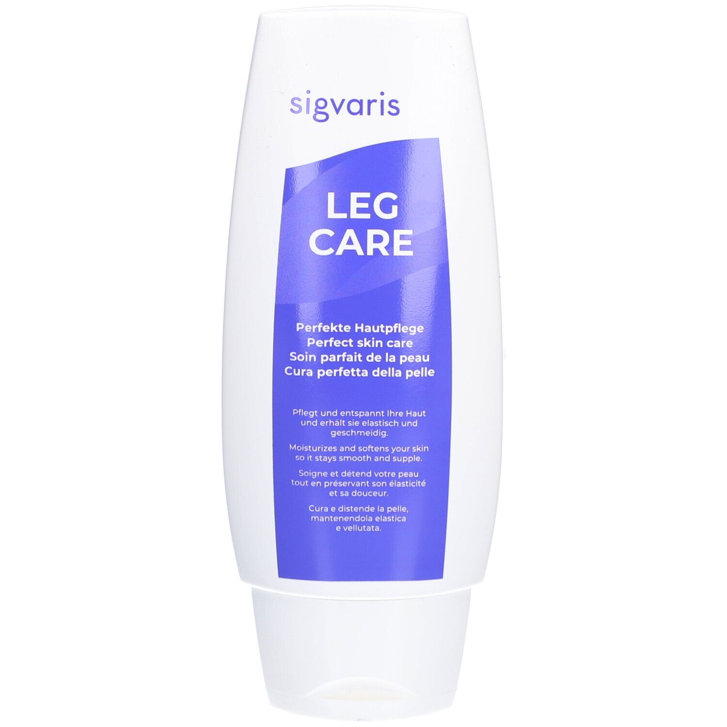 Tube blanc avec étiquette bleue. Inscription: LEG CARE, Perfect Skin care. Contient du texte en allemand, anglais, français et italien.