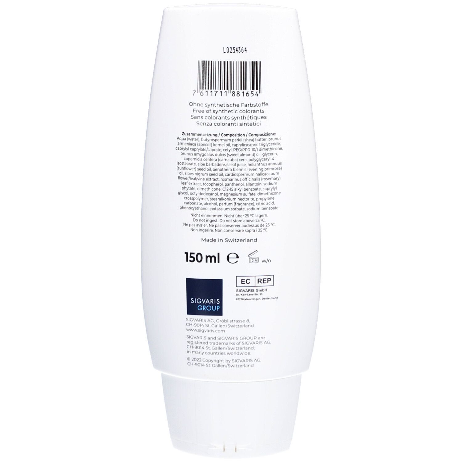 Dos du tube. Contient un code-barres, des ingrédients, des informations sur le fabricant et l'inscription '150 ml e'.