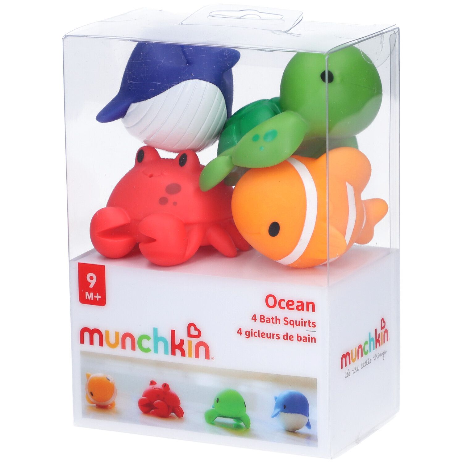 Ensemble de 4 jouets de bain Munchkin sur le thème de l'océan : baleine, tortue, crabe, poisson-clown. Emballage transparent.