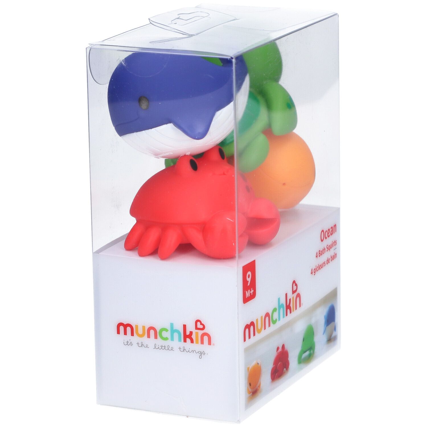 Quatre jouets de bain Munchkin Ocean : crabe, baleine, tortue et orange. Dans un emballage transparent.