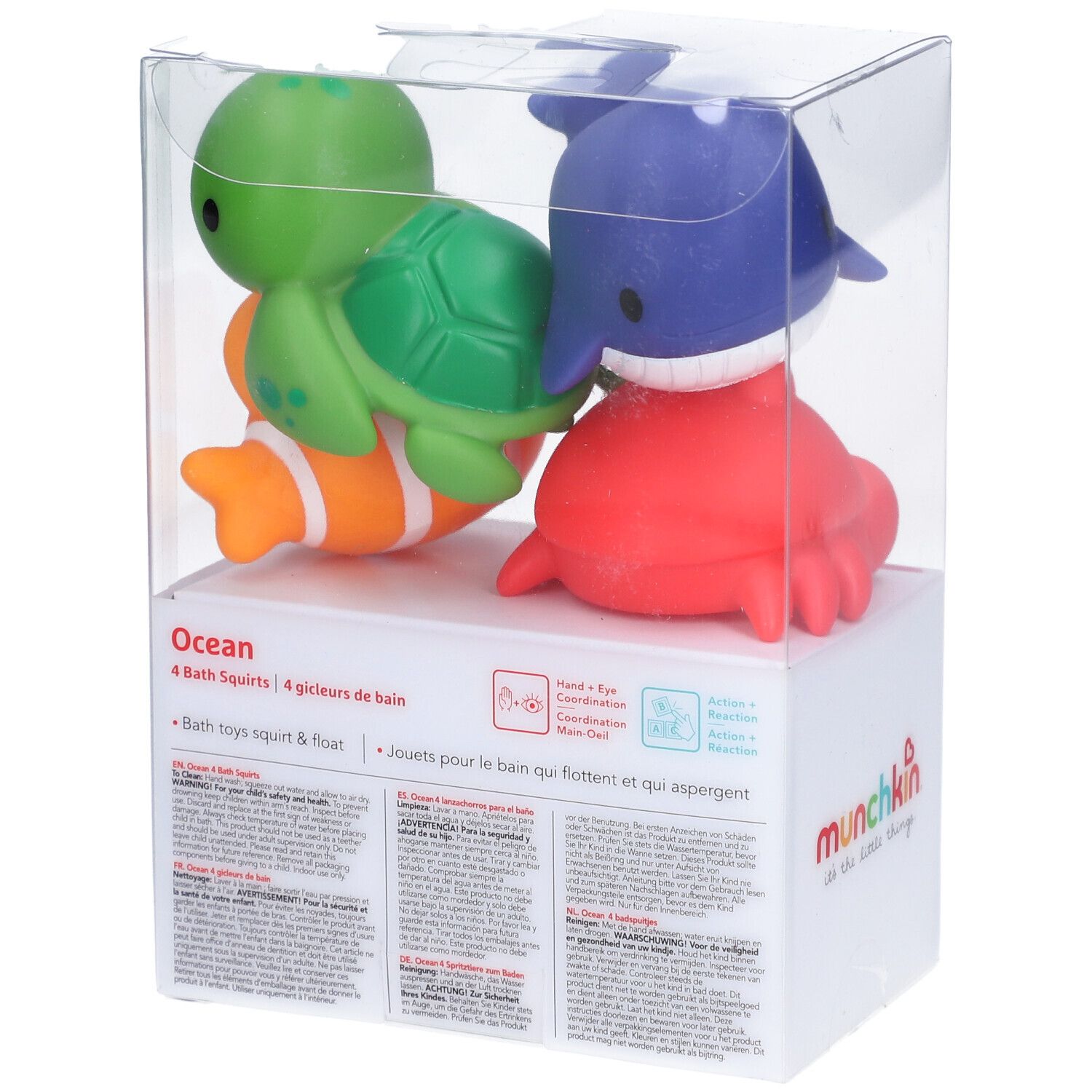 Ensemble de quatre jouets de bain colorés en forme d'animaux (tortue, poisson-clown, dauphin, crabe) dans un emballage transparent.