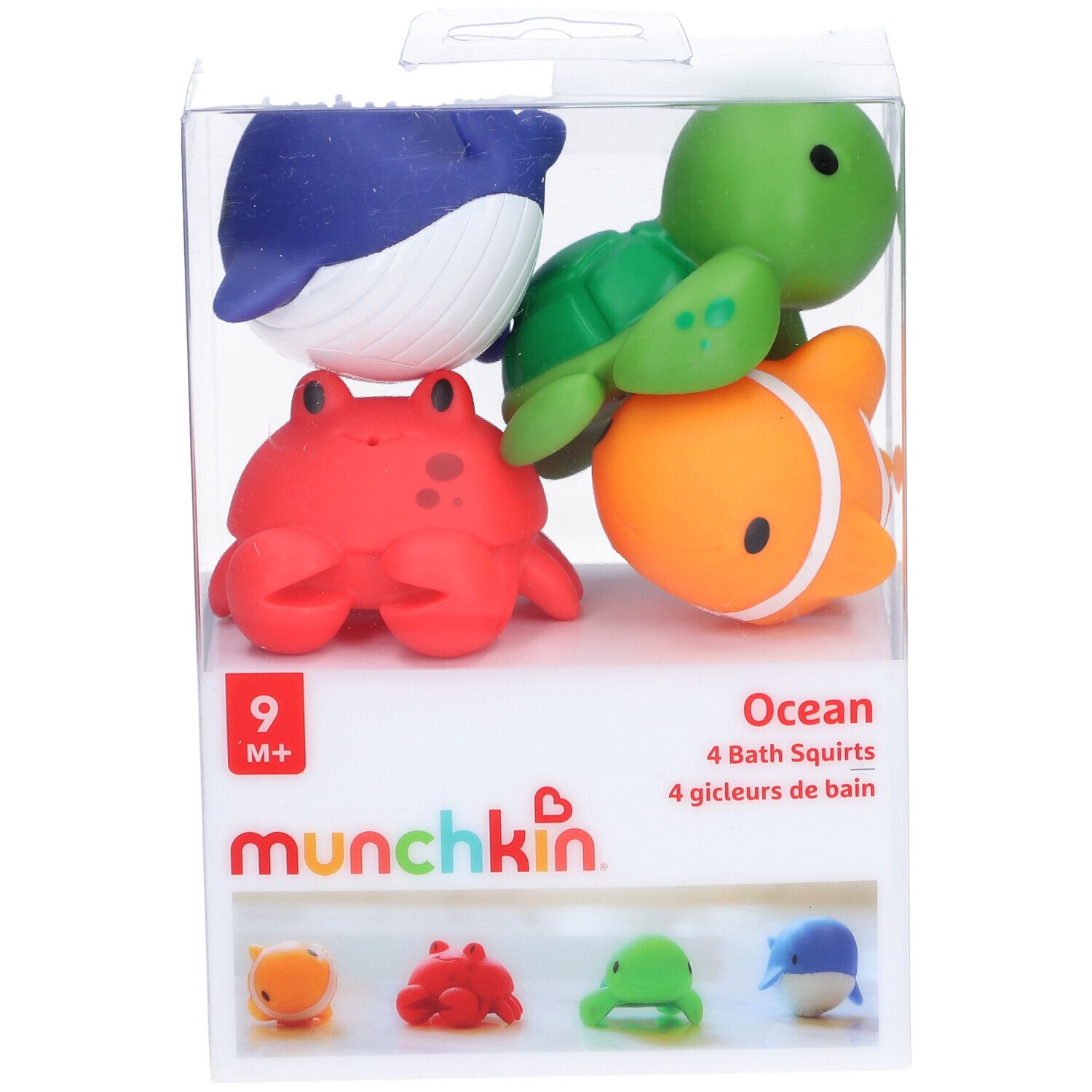 Quatre jouets de bain colorés sur le thème de l'océan : baleine, tortue, poisson-clown et crabe.