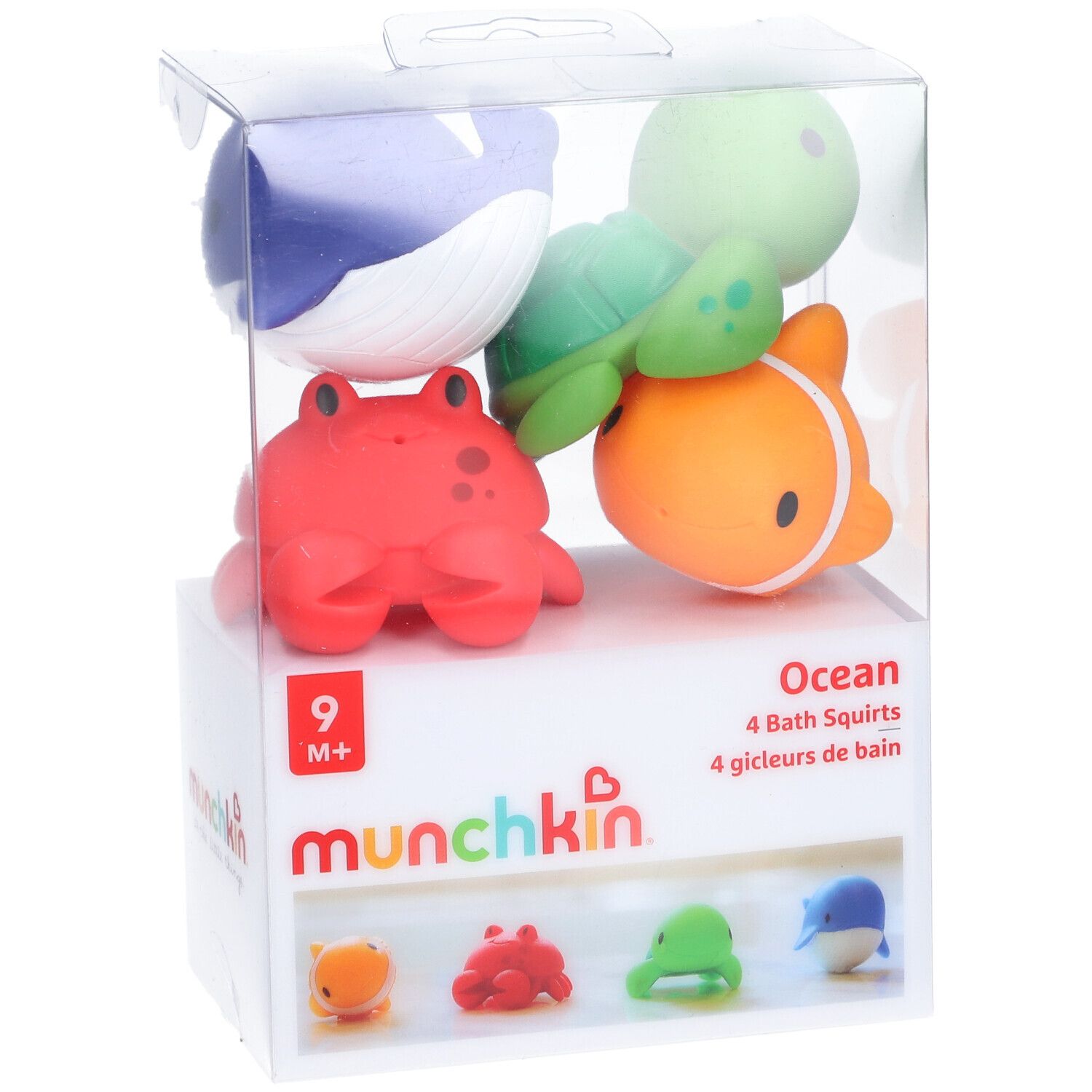 Quatre jouets Munchkin Ocean pour le bain : poisson-clown, crabe, tortue, baleine. En emballage transparent.