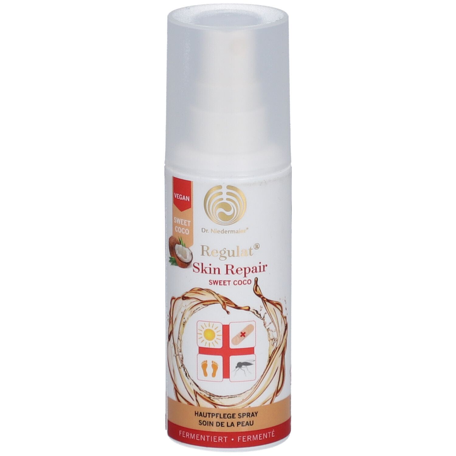 Spray de soin de la peau avec tête de pulvérisation. Végétalien. Inscription : Regulat Skin Repair Sweet Coco. Illustration : noix de coco, soleil, pansement, pied.