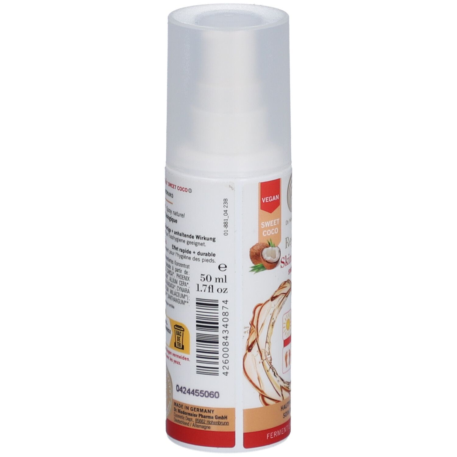 Spray de soin de la peau. Dos avec informations sur le produit. Végétalien. Inscription : Regulat Skin Repair Sweet Coco. 50 ml, 1.7 fl oz.