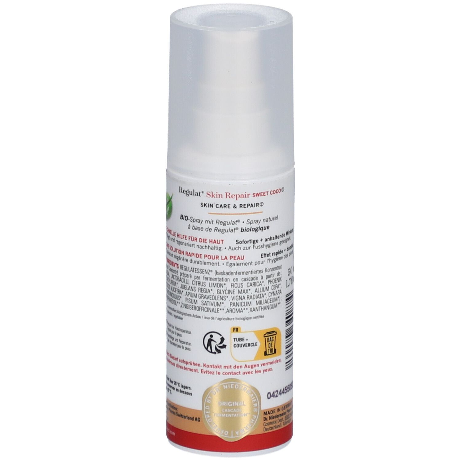 Spray de soin de la peau. Dos avec informations sur le produit. Label bio. Inscription : Regulat Skin Repair Sweet Coco. Liste des ingrédients.