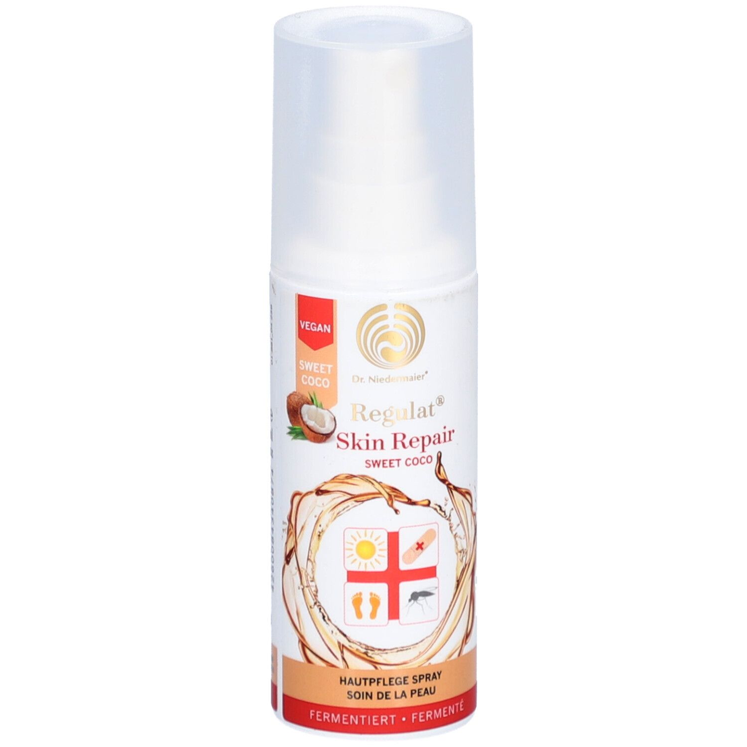 Spray de soin de la peau avec tête de pulvérisation. Végétalien. Inscription : Regulat Skin Repair Sweet Coco. Illustration : noix de coco, soleil, pansement, pied.