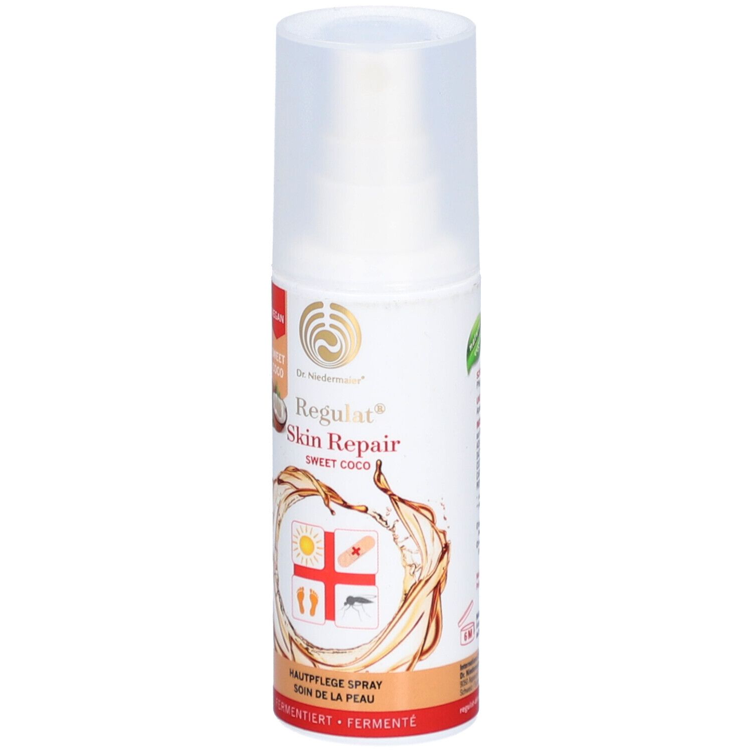 Spray de soin de la peau avec tête de pulvérisation. Végétalien. Inscription : Regulat Skin Repair Sweet Coco. Illustration : noix de coco, soleil, pansement, pied.