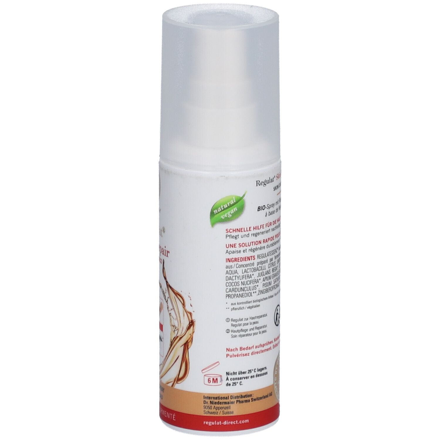 Spray de soin de la peau. Dos avec informations sur le produit. Végétalien. Inscription : Regulat Skin Repair Sweet Coco. Symbole 6M.