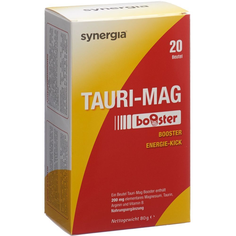 Boîte SYNERGIA Tauri-mag Booster. Contient 20 sachets. Rouge et jaune. Inscription : TAURI-MAG booster Energie-Kick.