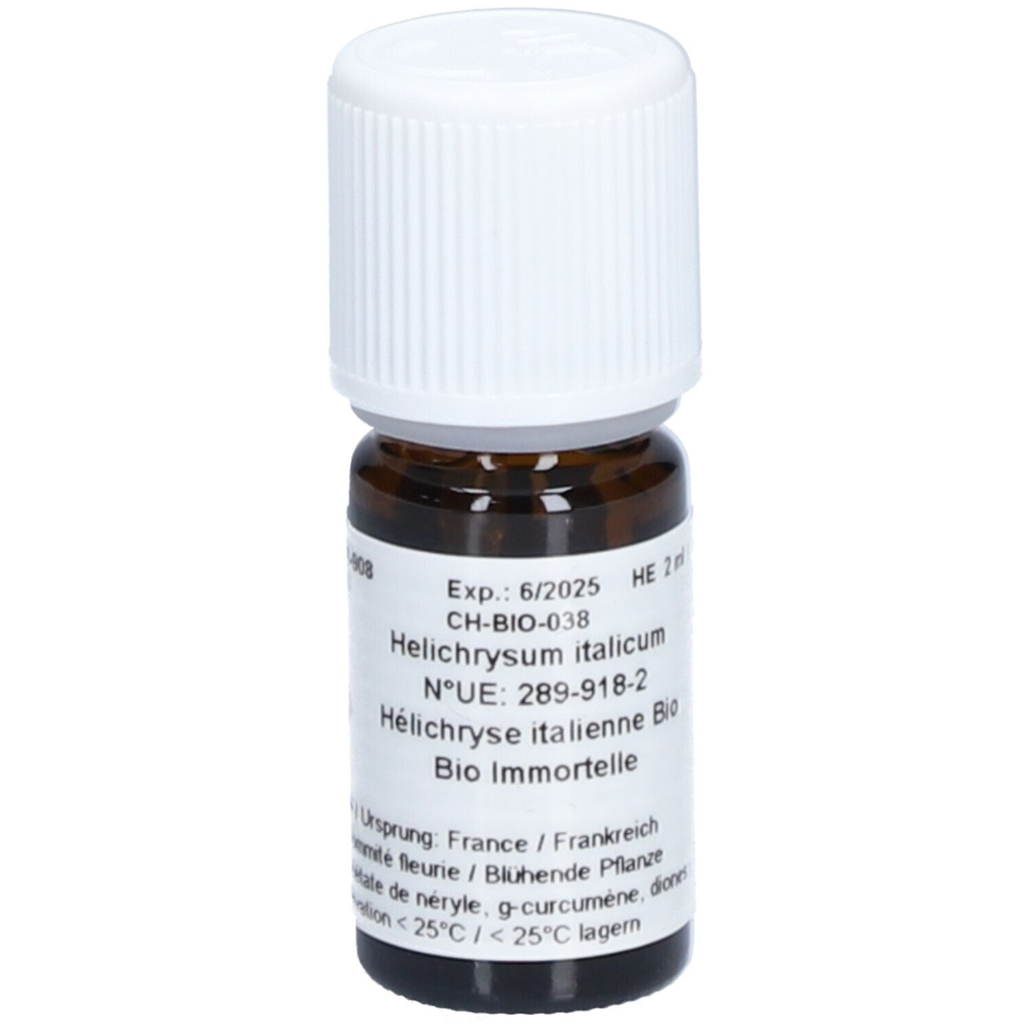 Flacon en verre brun avec bouchon blanc. Étiquette avec texte: Helichrysum italicum, Bio Immortelle. CH-BIO-038.