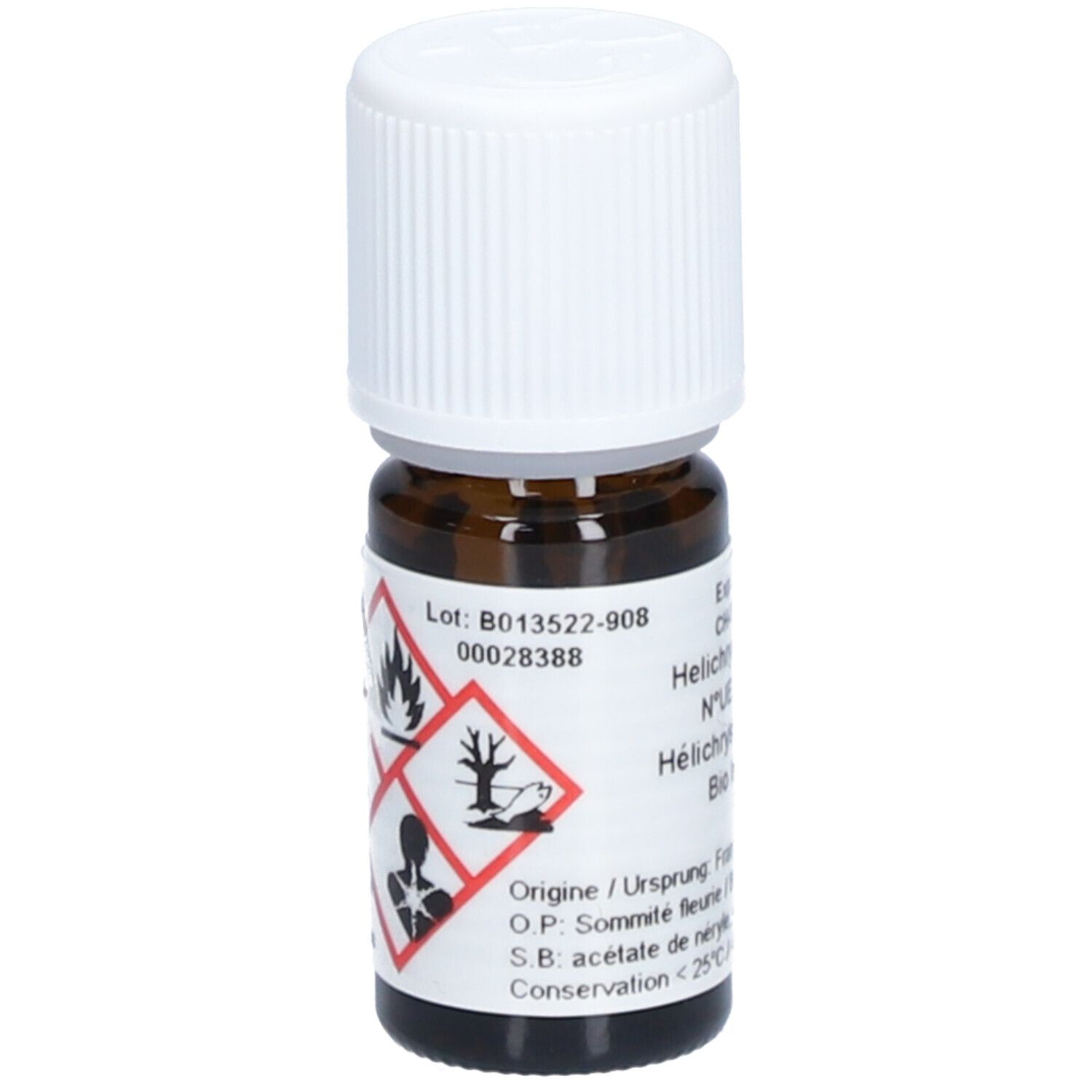 Flacon en verre brun avec bouchon blanc. Étiquette avec symboles de danger. Texte: Helichrysum italicum, Bio Immortelle.