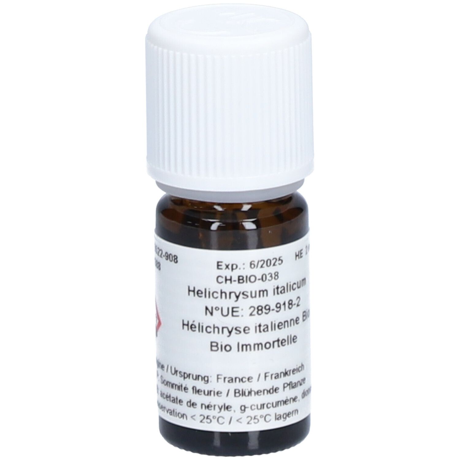 Flacon en verre brun avec bouchon blanc. Étiquette avec texte: Helichrysum italicum, Bio Immortelle. CH-BIO-038.