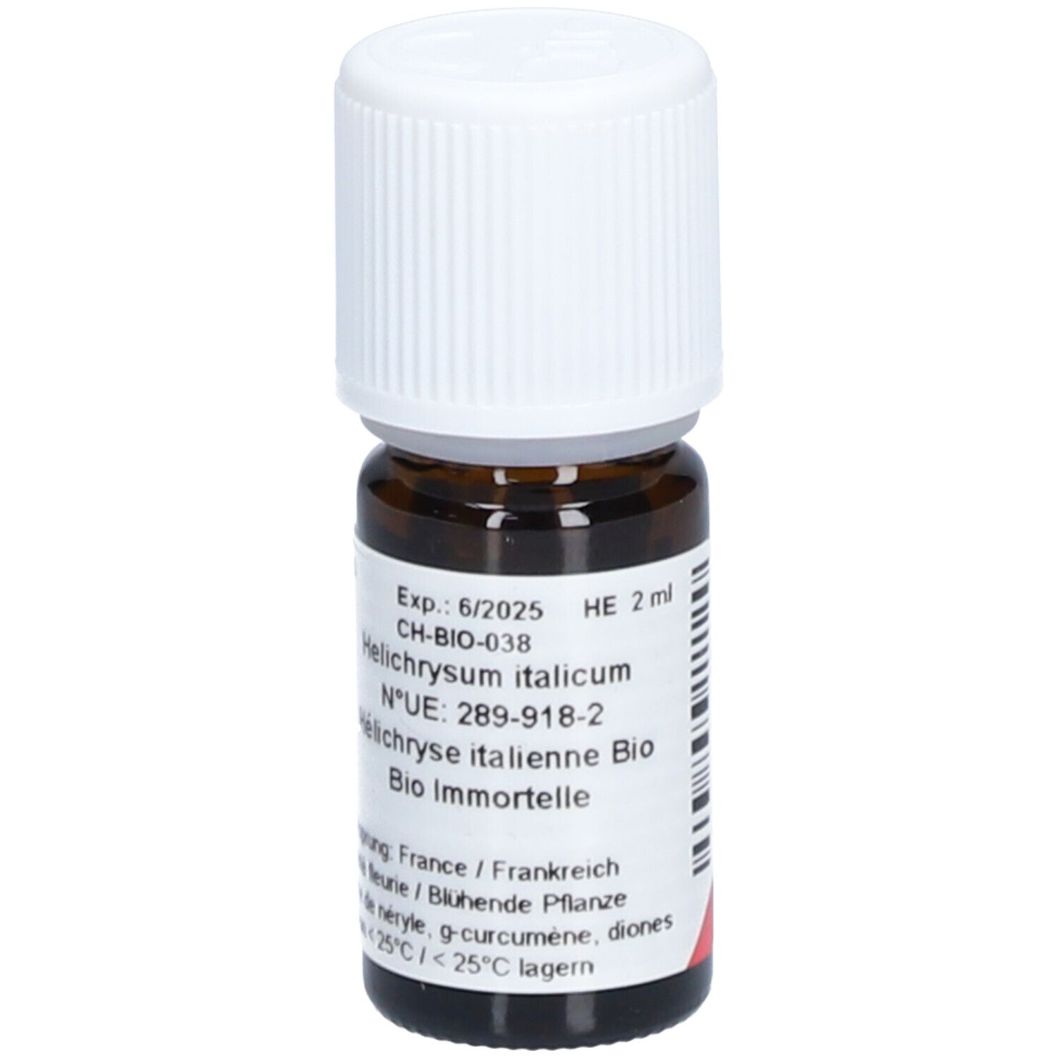 Flacon en verre brun avec bouchon blanc. Étiquette avec texte: Helichrysum italicum, Bio Immortelle. HE 2 ml.