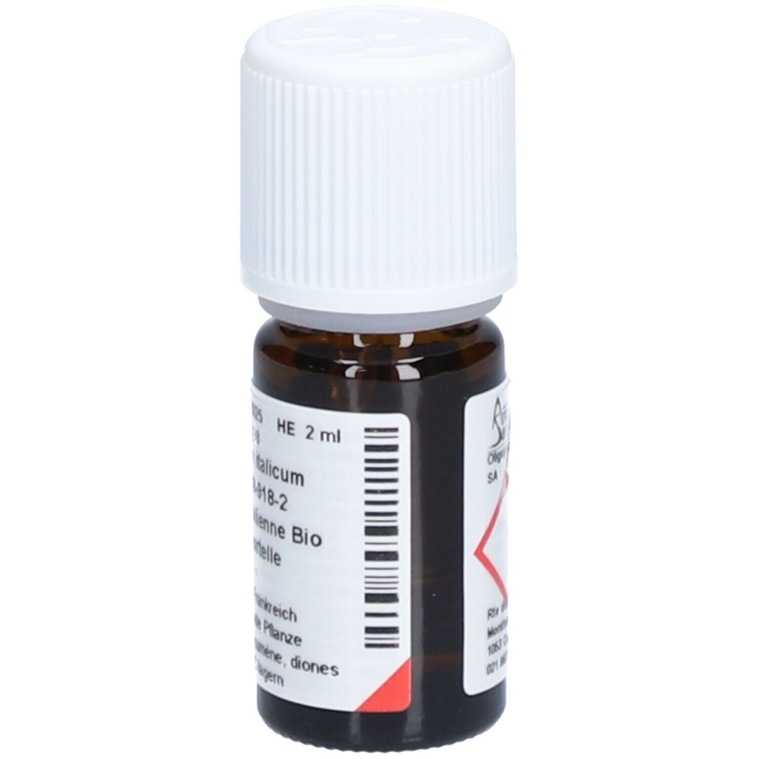 Flacon en verre brun avec bouchon blanc. Étiquette avec texte: Helichrysum italicum, Bio Immortelle. HE 2 ml.