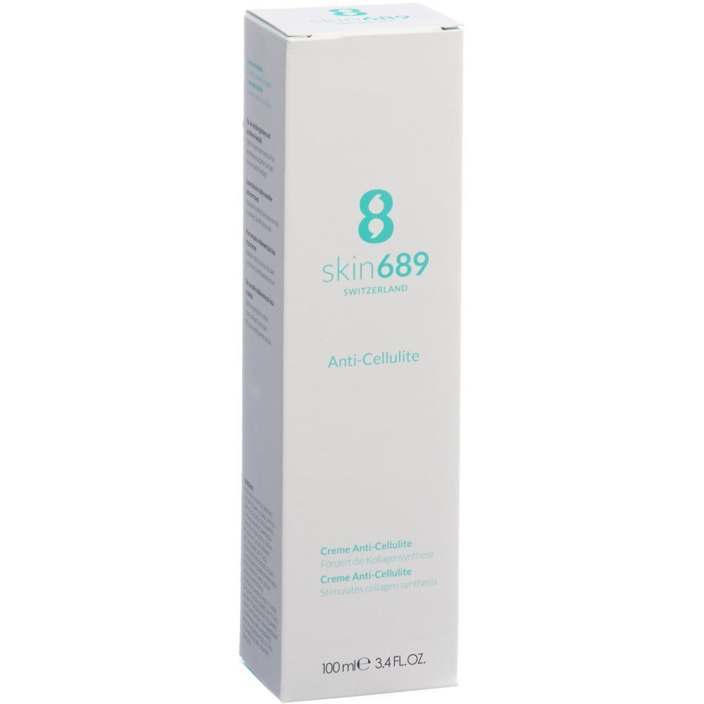 Emballage blanc pour Skin689 crème anti-cellulite. Logo et nom du produit. 100ml.