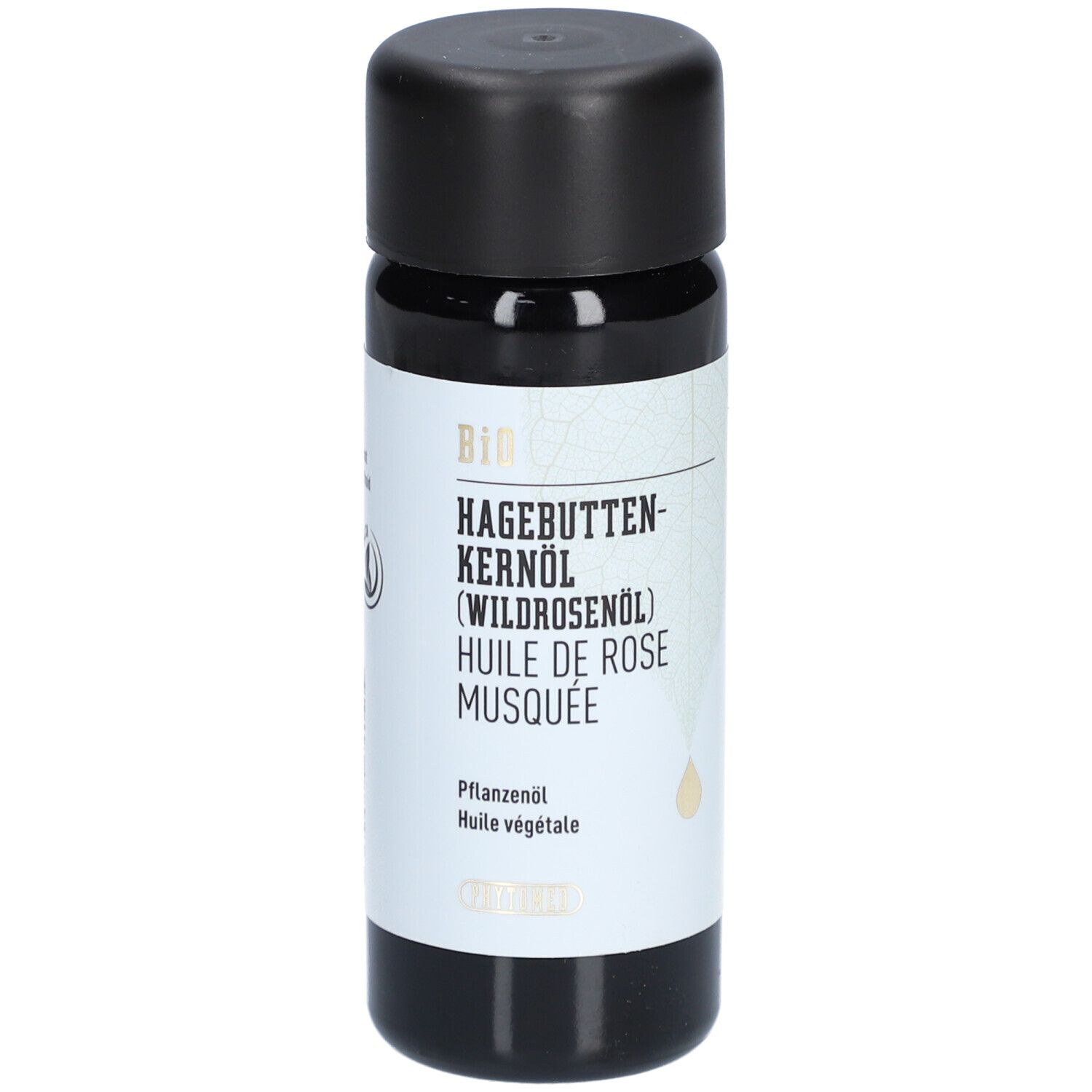 Huile de pépins de rose musquée bio dans une bouteille foncée avec bouchon noir.