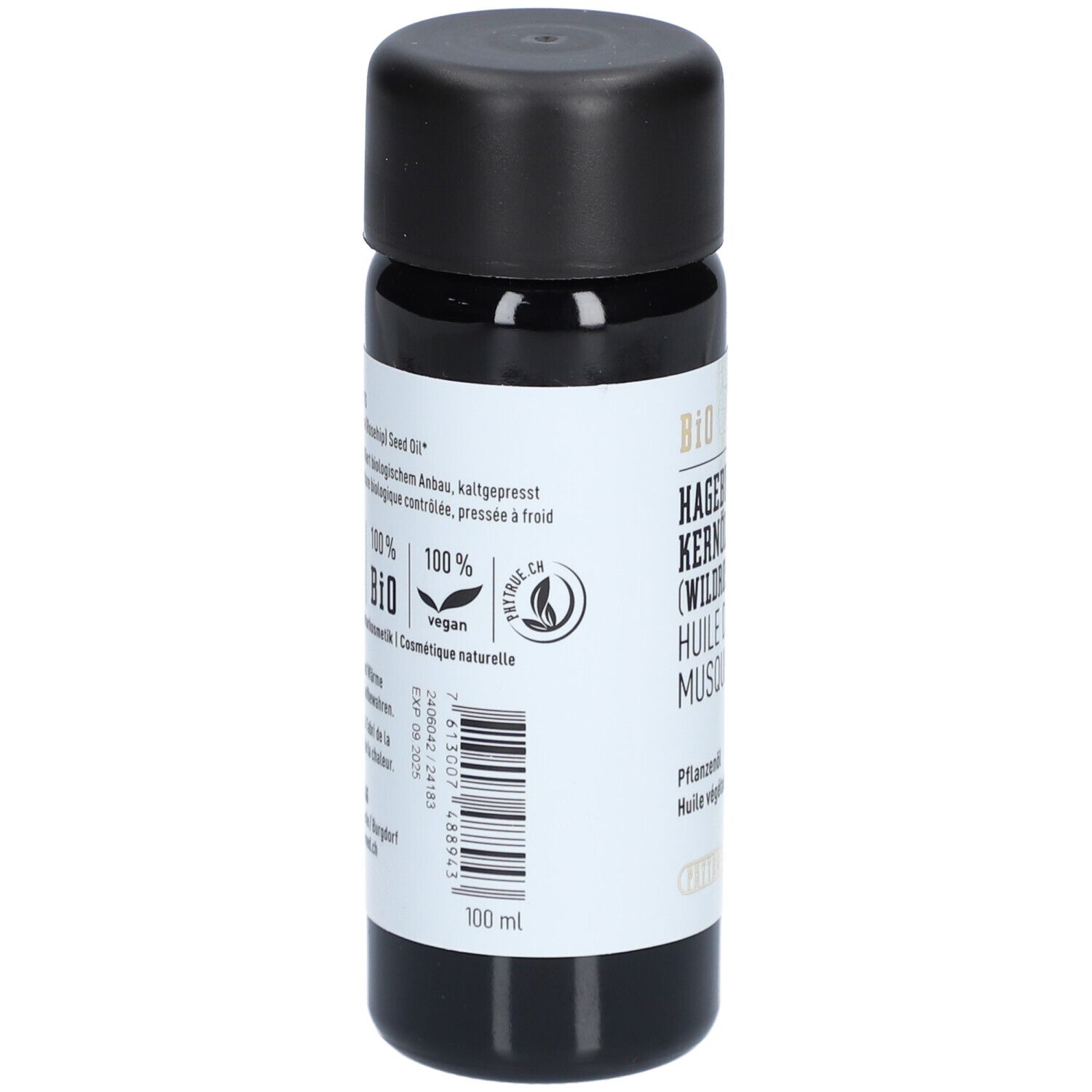 Arrière de la bouteille d'huile de rose musquée bio avec sceaux et code-barres.