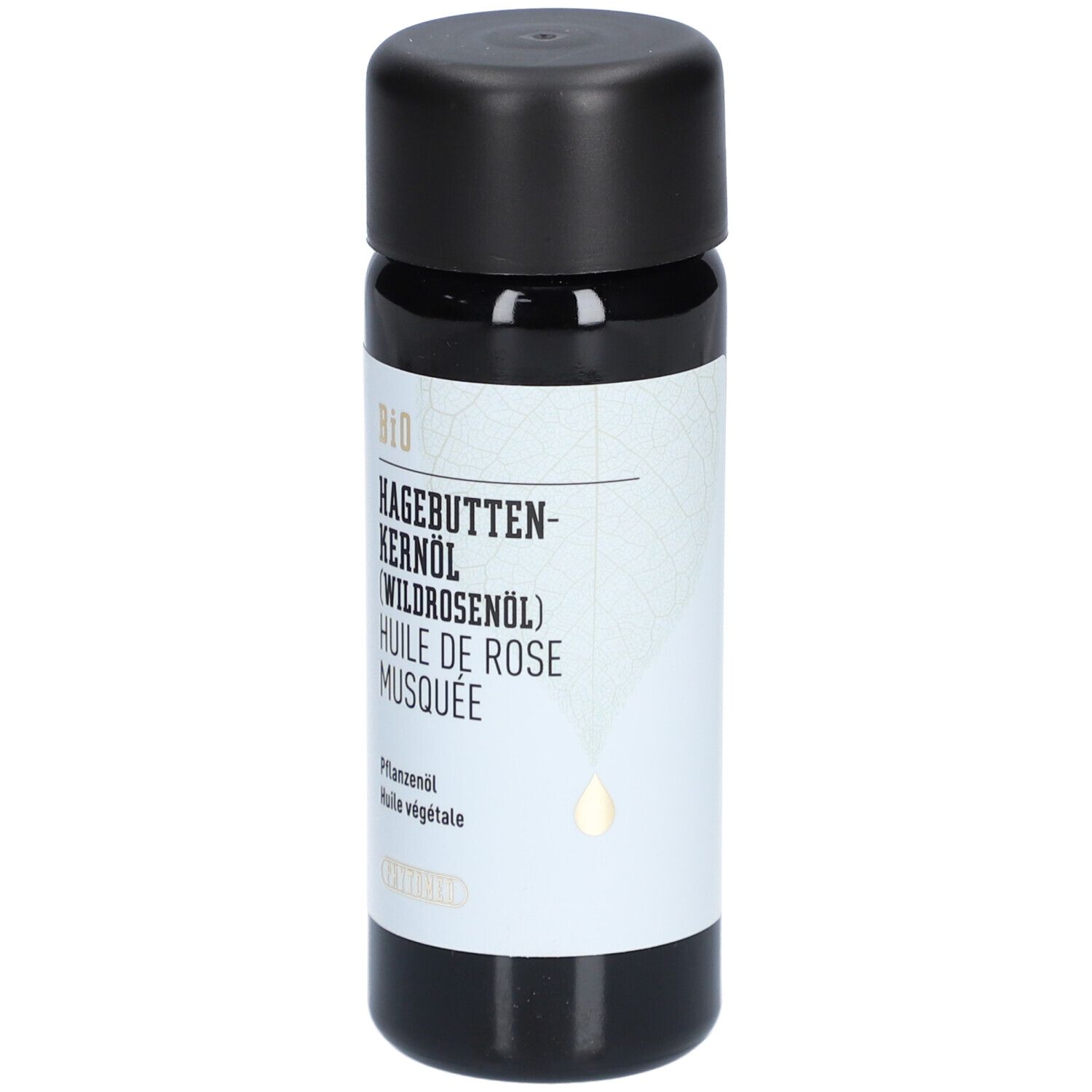 Huile de pépins de rose musquée bio dans une bouteille foncée avec bouchon noir.