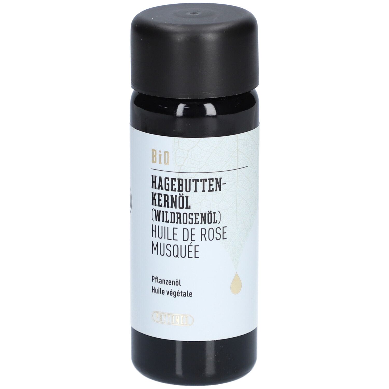 Huile de pépins de rose musquée bio dans une bouteille foncée avec bouchon noir.