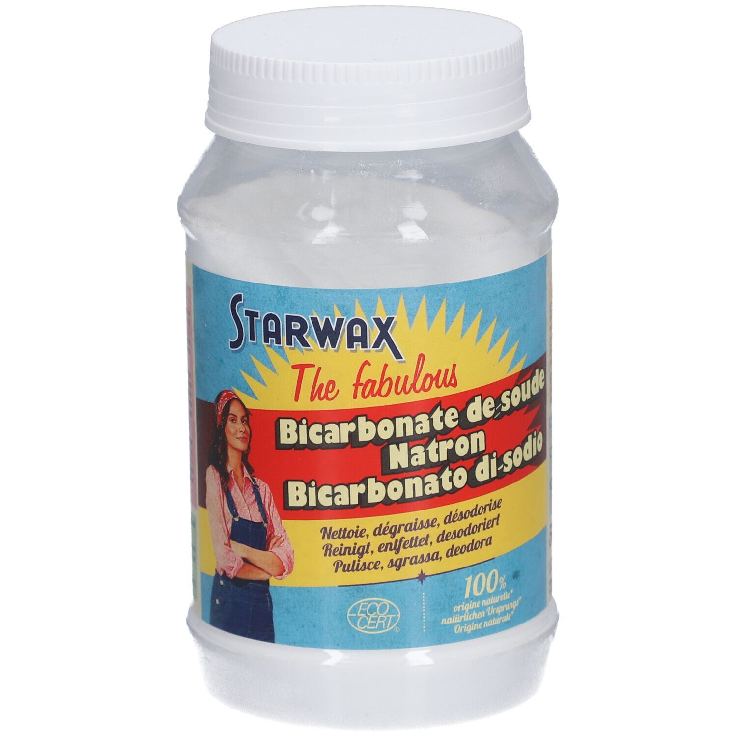 Pot transparent avec contenu blanc et couvercle blanc. Inscription : STARWAX, Bicarbonate de soude, Natron, Bicarbonato di sodio. 500g.