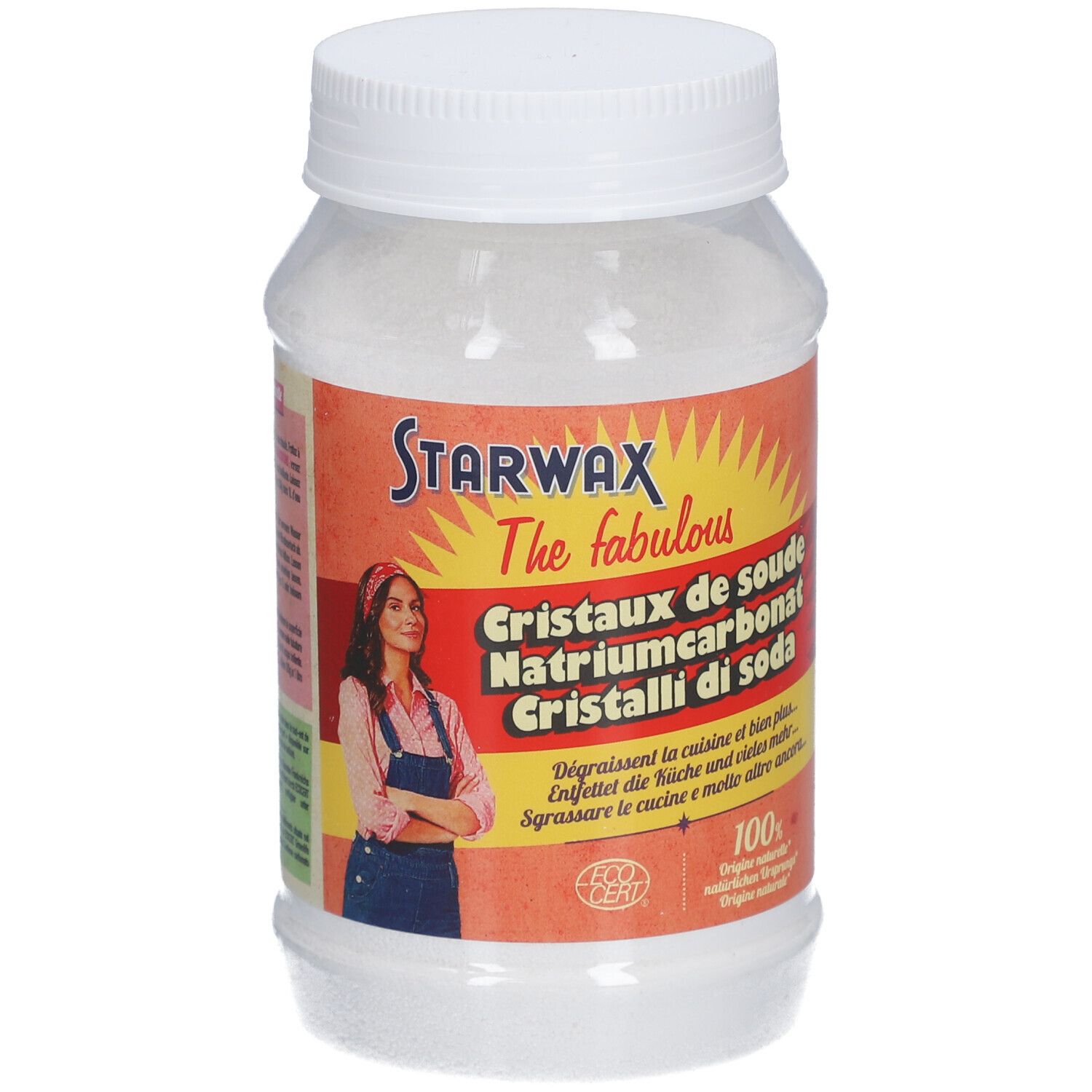 Starwax Cristaux de soude dans un pot blanc avec couvercle blanc. Étiquette avec une femme et du texte.