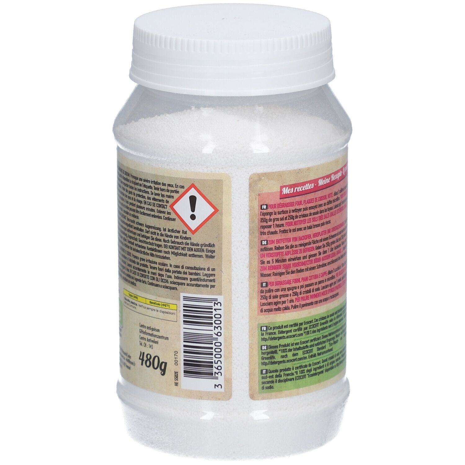 Bouteille en plastique avec bouchon à vis blanc, remplie de poudre blanche. Étiquettes avec symboles d'avertissement et informations produit.