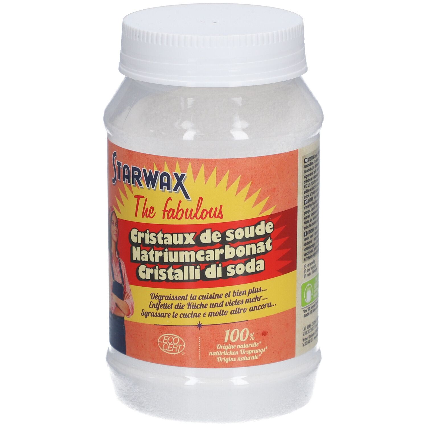 Cristaux de soude Starwax dans un récipient transparent avec un couvercle blanc.