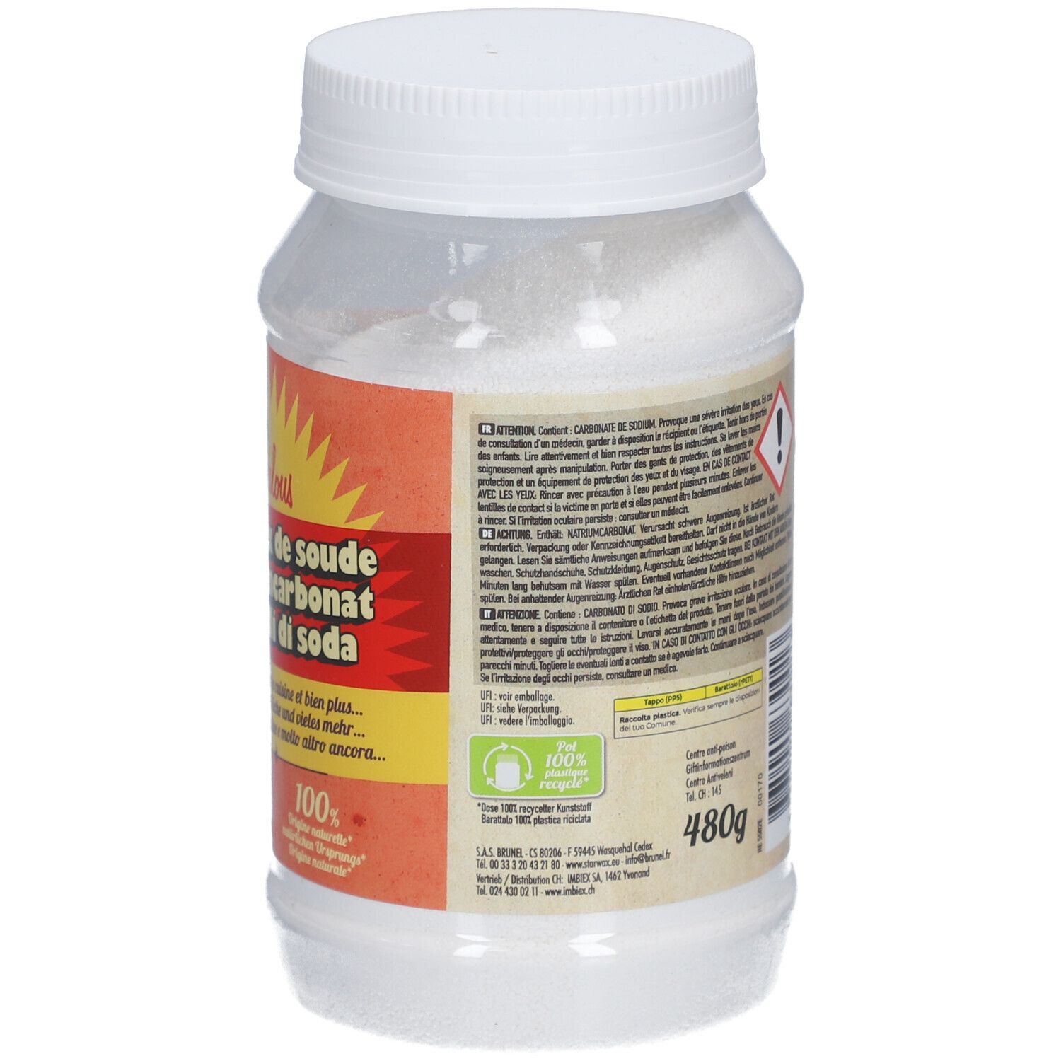 Carbonate de soude dans un récipient transparent avec couvercle blanc, 480g.