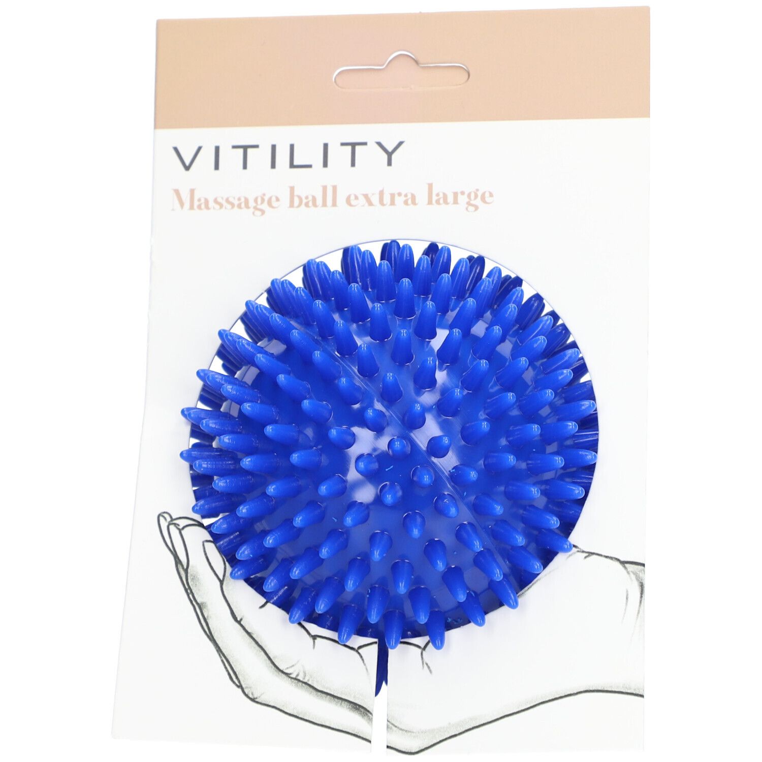 Balle de massage bleue à picots, sur emballage. Texte: VITILITY Massage ball extra large.