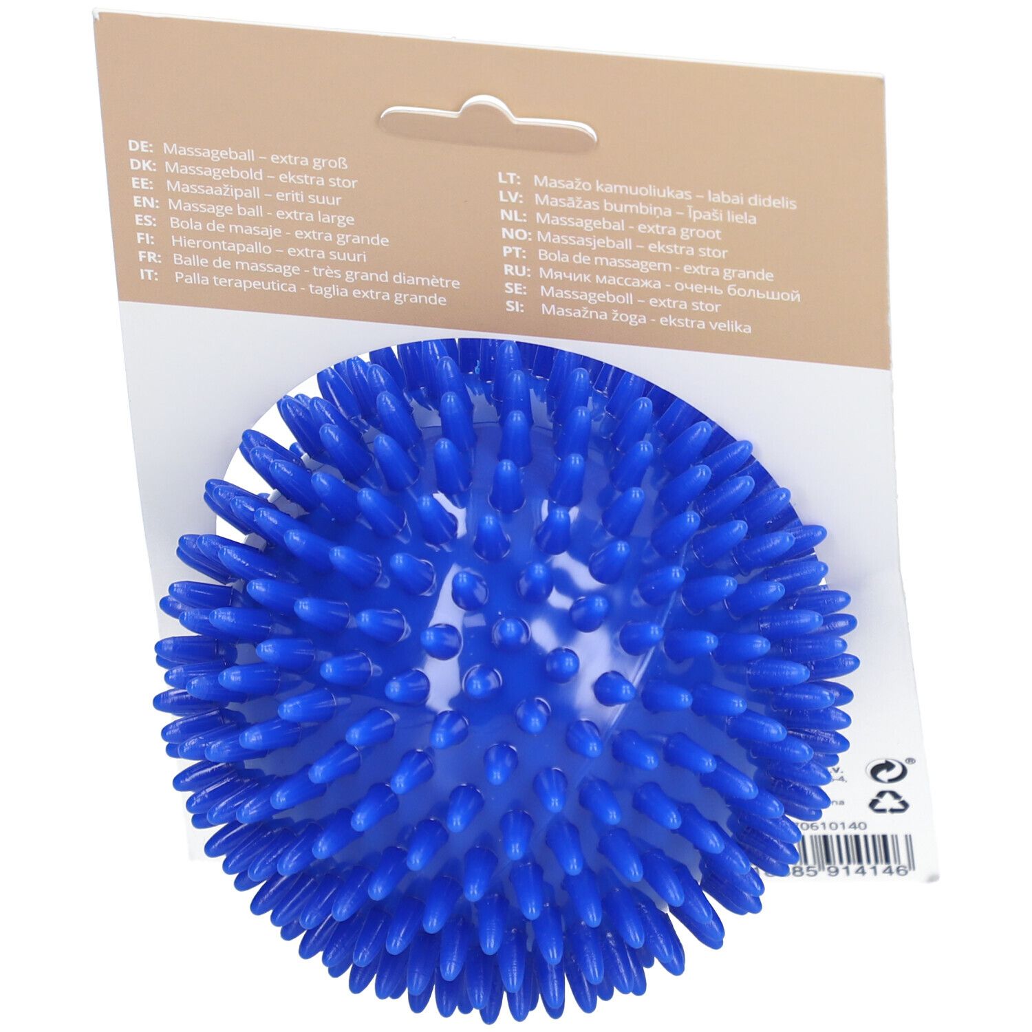 Balle de massage bleue à picots, sur emballage. Texte multilingue.