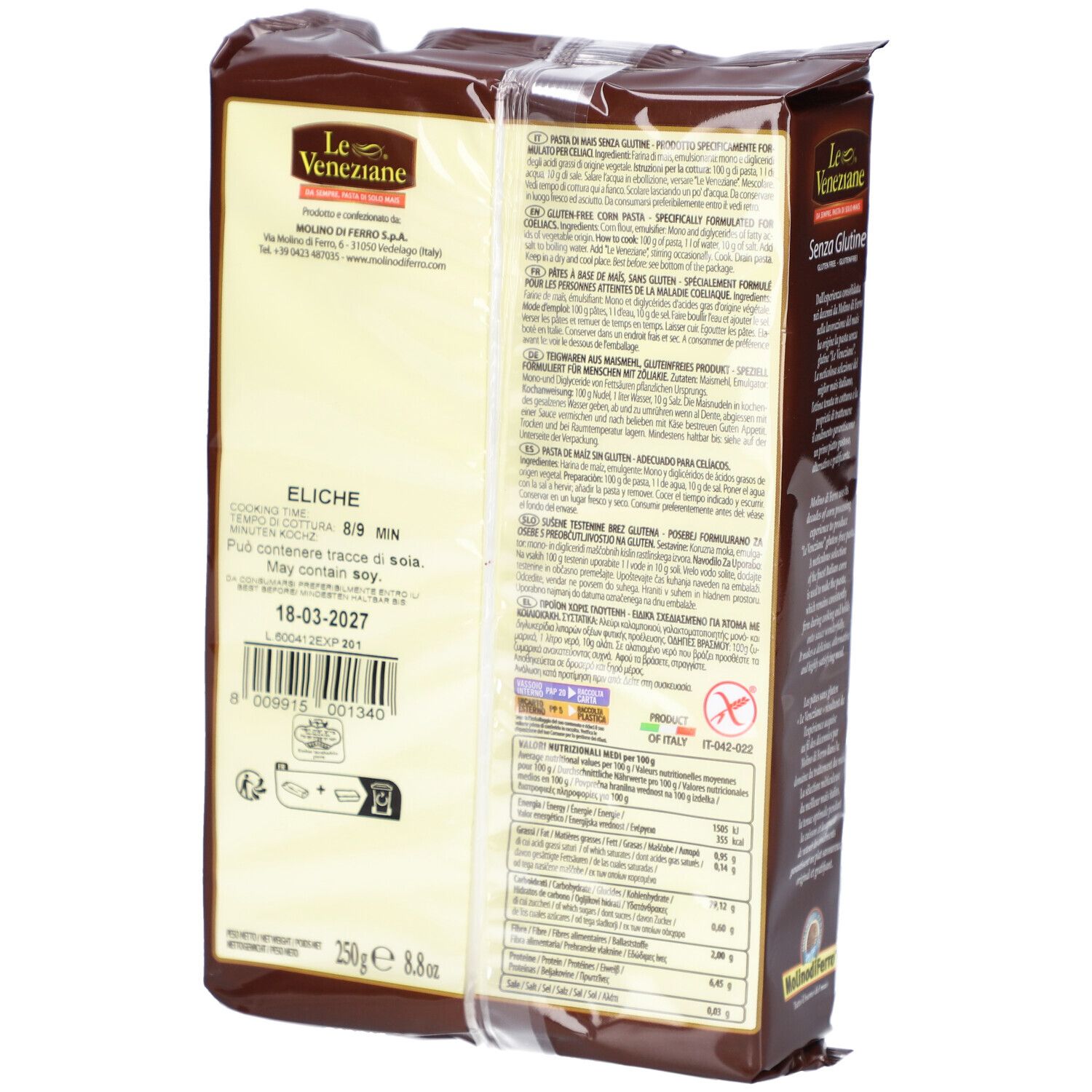 Dos du paquet de pâtes sans gluten. Texte : Eliche, temps de cuisson 8-9 min. DDM : 18-03-2027. 250g. Marque : Le Veneziane.