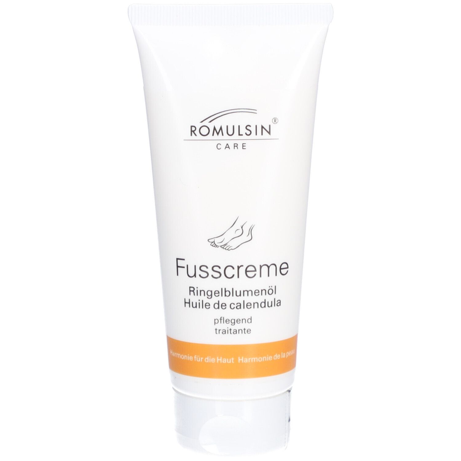 Tube blanche ROMULSIN CARE. Inscription Fusscreme, huile de calendula et symbole de pied. Bande orange.